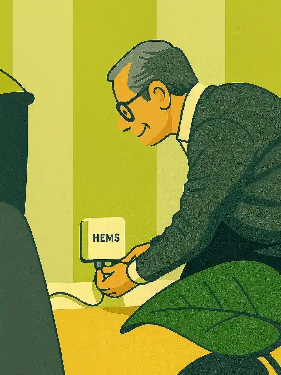 Illustration: Mann installiert HEMS-Gerät im Wohnzimmer – Symbol für smartes Energiemanagement und Eigenverbrauchsoptimierung bei § 51 EEG.