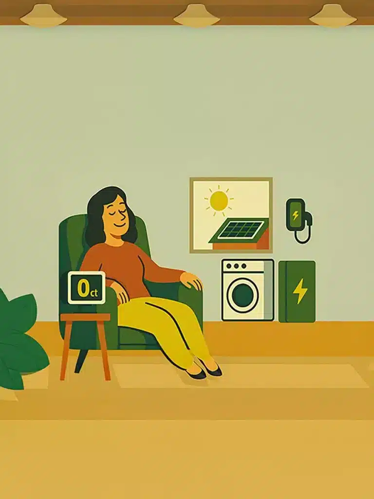 „Illustration: Frau sitzt entspannt im Wohnzimmer, neben ihr 0 ct-Anzeige, im Hintergrund PV-Anlage, Heimspeicher, Wallbox und Waschmaschine – Symbol für § 51 EEG und Eigenverbrauch statt Nullvergütung.“