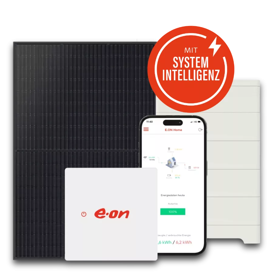 Energy Hub mit PV-Modul, Hybridwechselrichter, Batteriespeicher und Home Energiemanager. Eine PV-Lösung mit Systemintelligenz von Mehr Ampere powered by e.on.