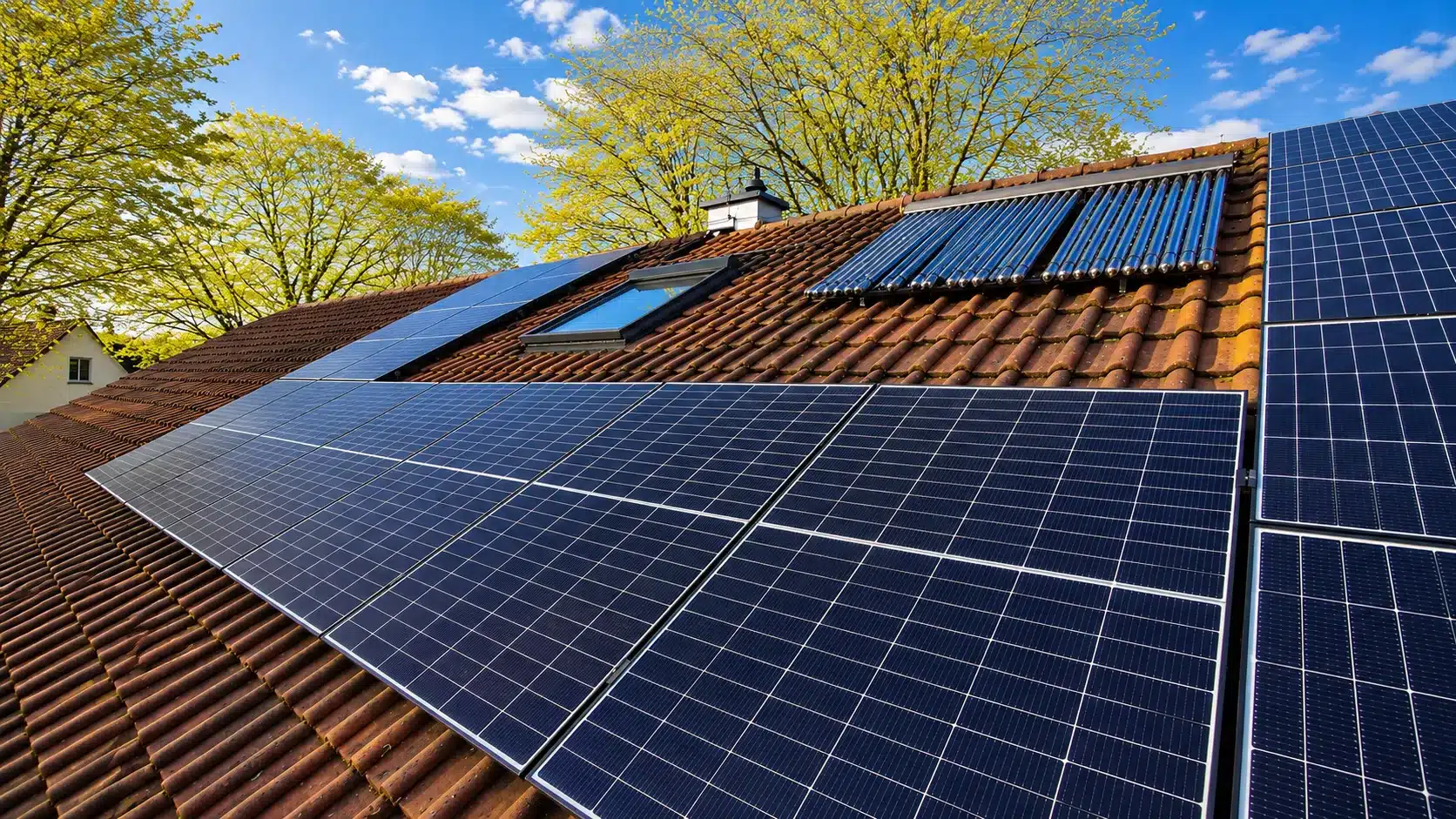 Montierte Doppelglas PV-Module auf einem Dach in Geretsried mit Hybrid-Wechselrichter, Heimspeicher, Hems und Heizstabansteuerung im Keller.