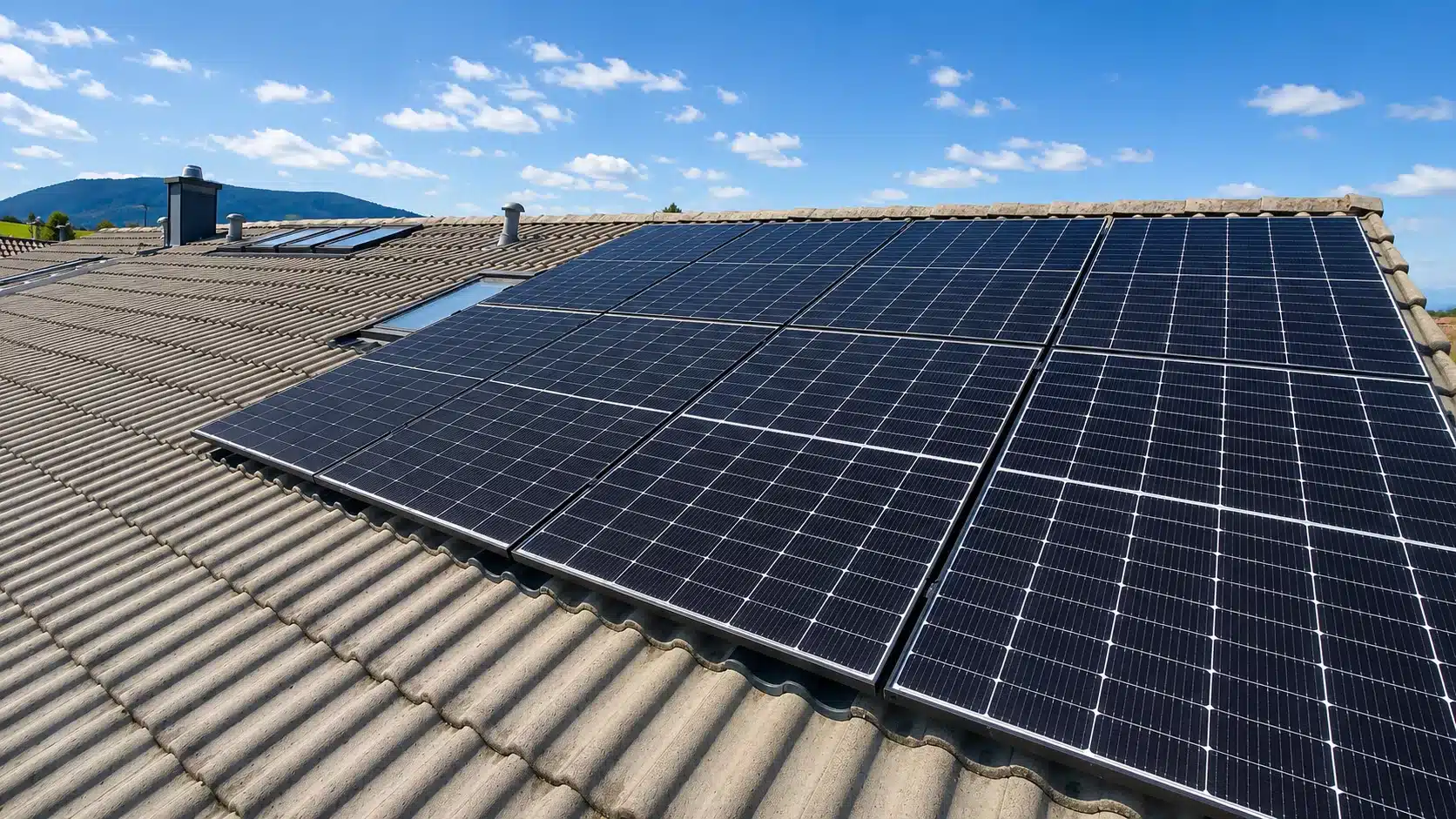 Montierte Doppelglas PV-Module auf einem Dach in Bad Tölz mit Hybrid-Wechselrichter, Heimspeicher und Hems im Keller.