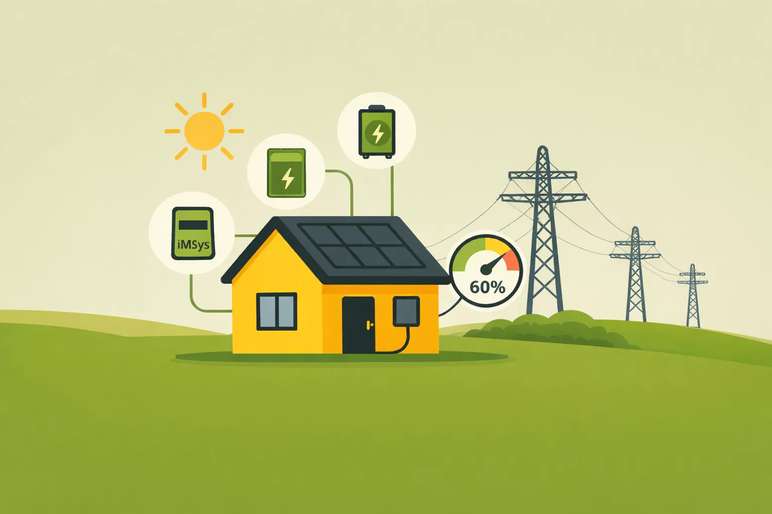 Haus mit 60% Tacho neben sich und drei Icons die Imsys, batteriespeicher und Wechselrichter zeigen sollen. Gesetze & regularien beziehen sich auf EEG und ENWG,