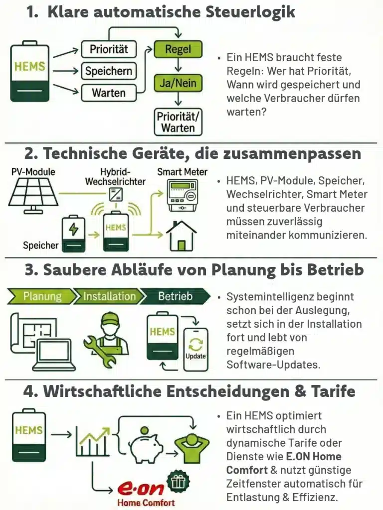 2D Infografik die das Zusammenspiel von HEMS mit unseren Prozessen aufzeigt.
