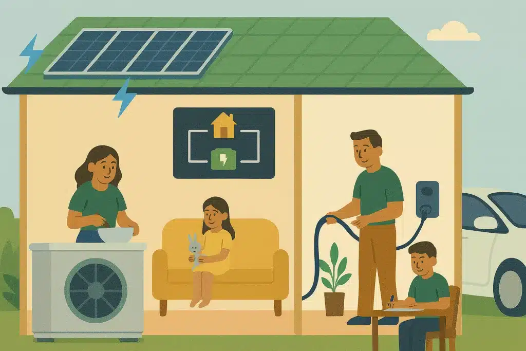 Wirtschaftlichkeit PV Anlage: Querschnitt eines Hauses im Flat-Design mit Solaranlage, Wallbox, Energiemanagement-System und Wärmepumpe; Familie bei Alltagstätigkeiten, symbolische Darstellung eines vernetzten, nachhaltigen Energiesystems.