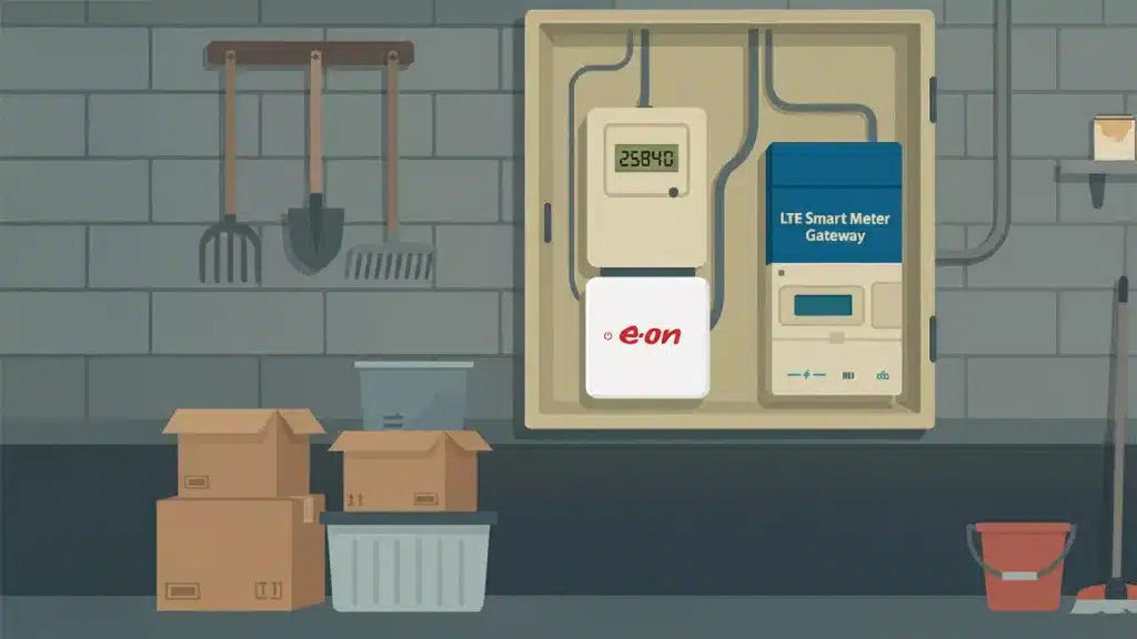 In der mitte ist ein Zählerschrank zu sehen der sich im keller befindet. Darin zu sehen, mME, Smart Meter Gateway und HEMS.