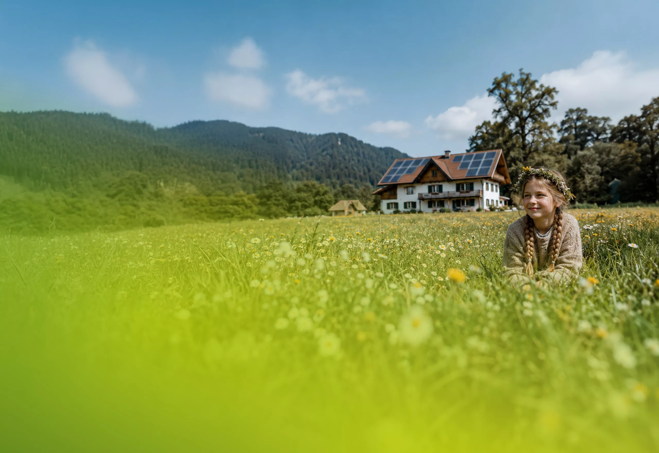Mädchen liegt auf einer Wiese vor einem Wohnhaus das eine PV-Anlage auf dem Dach hat, in Bayern.