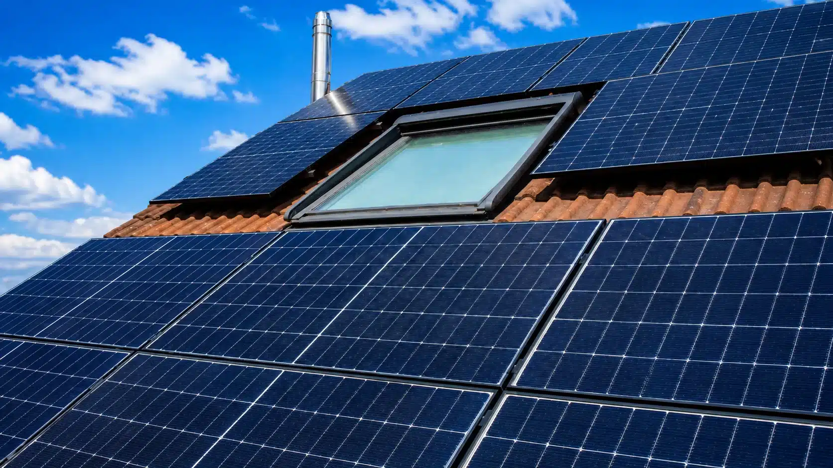 Montierte Doppelglas PV-Module auf einem Dach in Bobingen mit Hybrid-Wechselrichter, Heimspeicher und Hems im Keller.