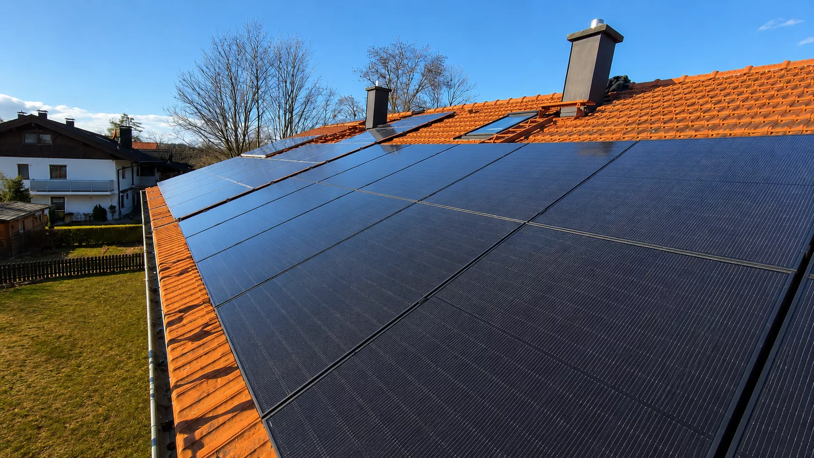 Montierte Full-Black PV-Module auf einem Dach in Bruckmühl mit Hybrid-Wechselrichter, Heimspeicher, Wärmepumpen-Ansteuerung und Hems im Keller.