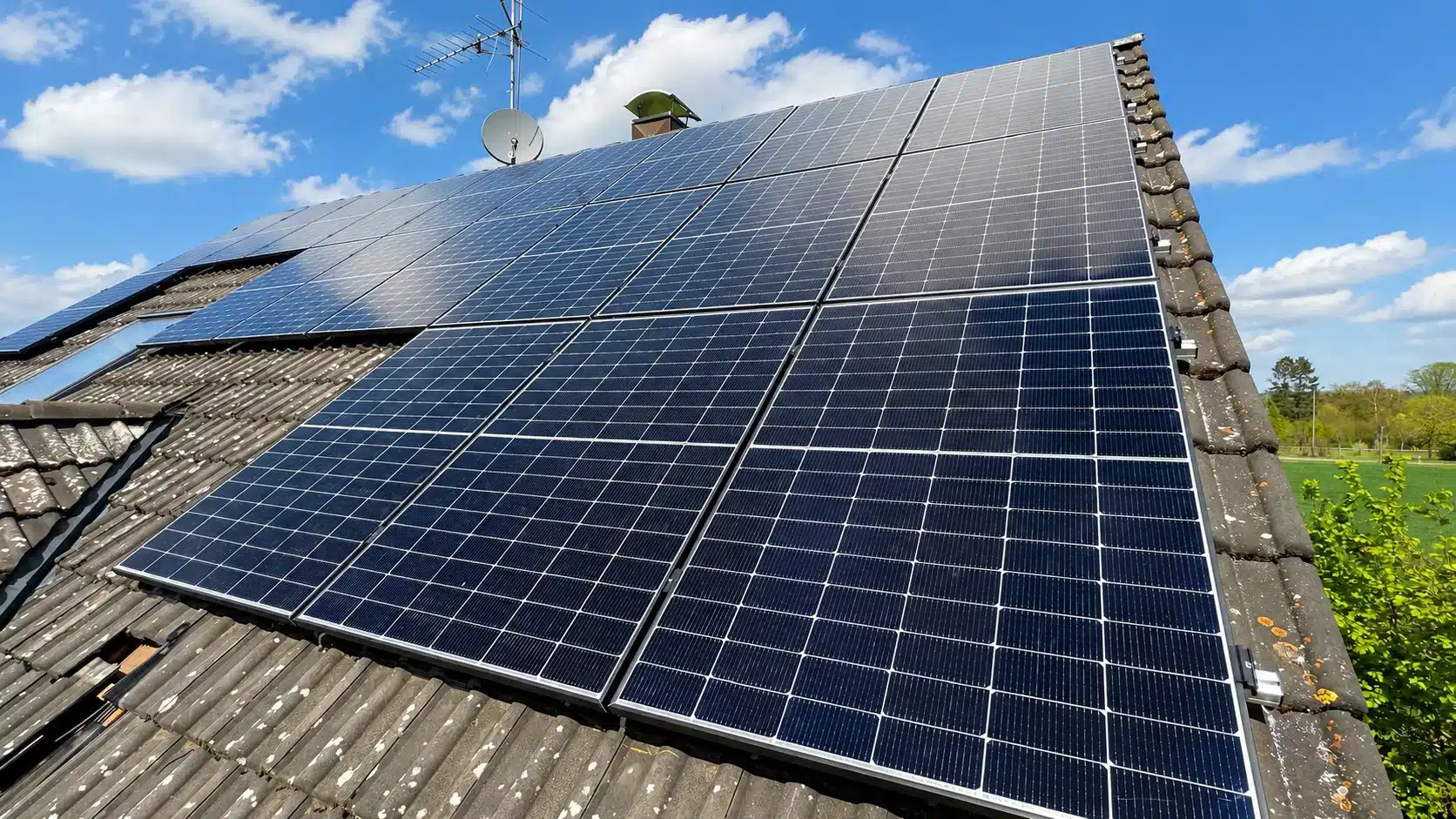 Montierte Doppelglas PV-Module auf einem Dach in Creußen mit Hybrid-Wechselrichter, Heimspeicher, Ersatzstrombox und Hems im Keller.