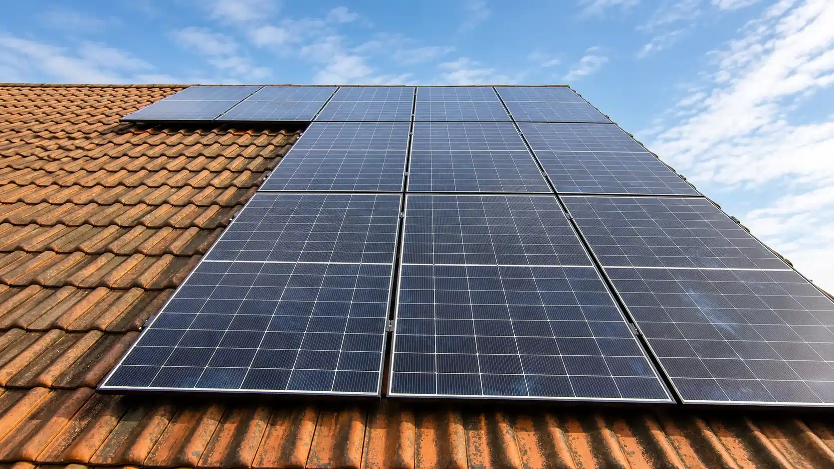 Montierte Doppelglas PV-Module auf einem Dach in Pegnitz mit Hybrid-Wechselrichter, Heimspeicher und Hems im Keller.