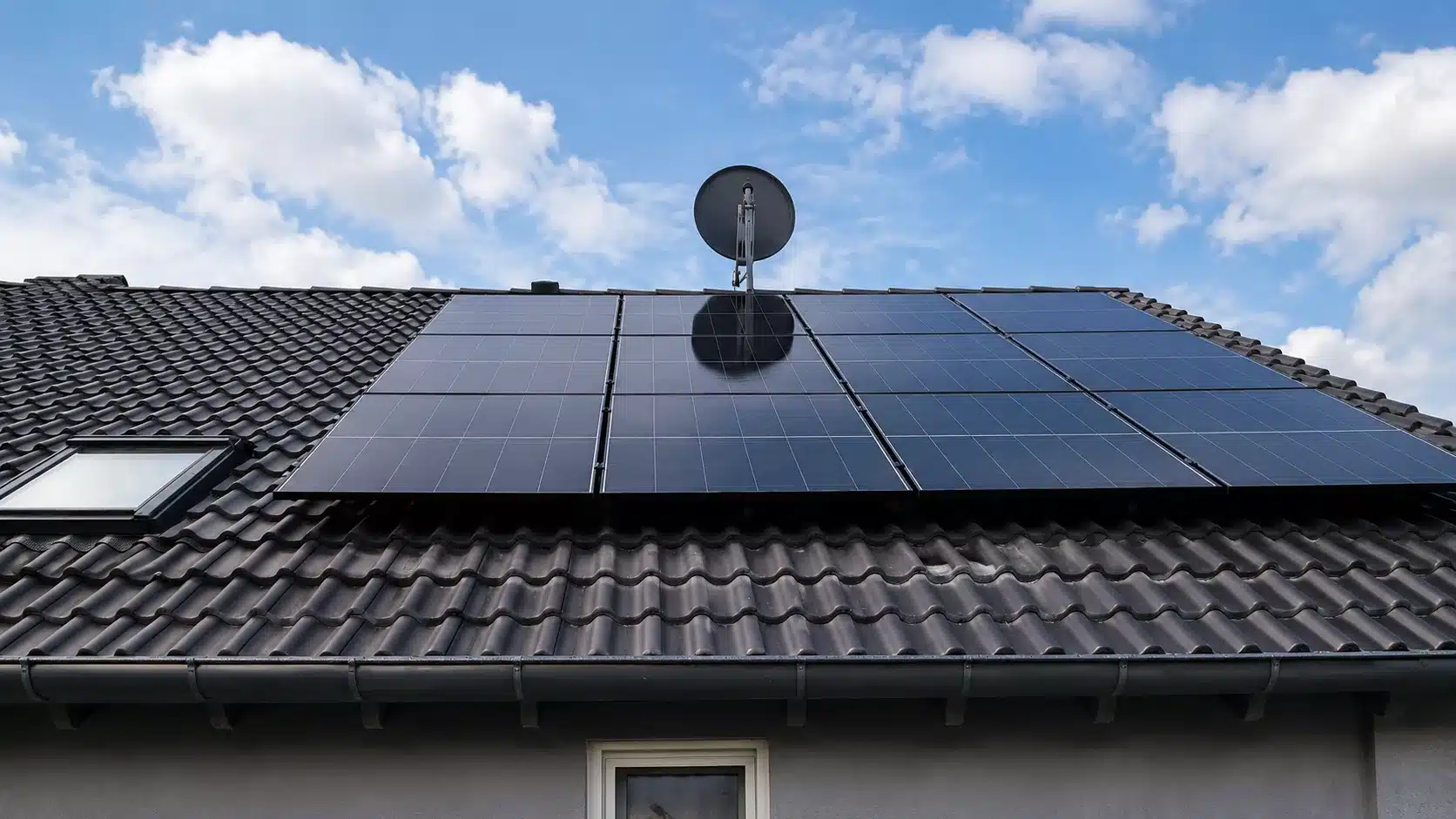 Montierte Doppelglas PV-Module auf einem Dach in Petersaurach mit Hybrid-Wechselrichter, Heimspeicher, Ersatzstrombox und Hems im Keller.