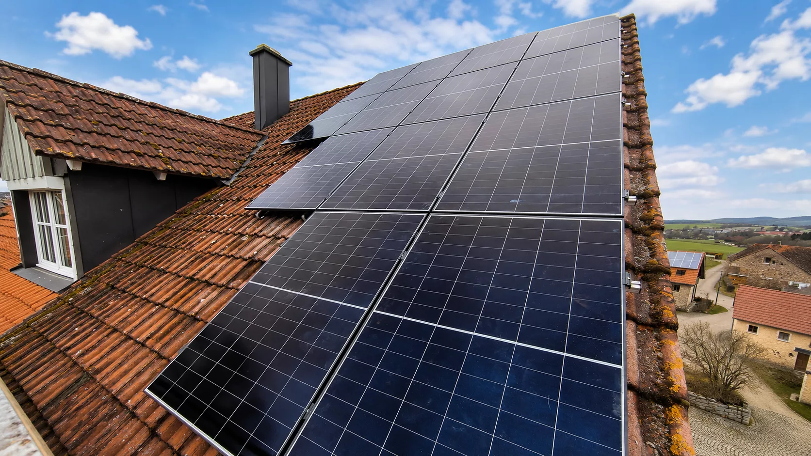 Montierte Doppelglas PV-Module auf einem Dach in Schwarzhofen mit Hybrid-Wechselrichter, Heimspeicher und Hems im Keller.