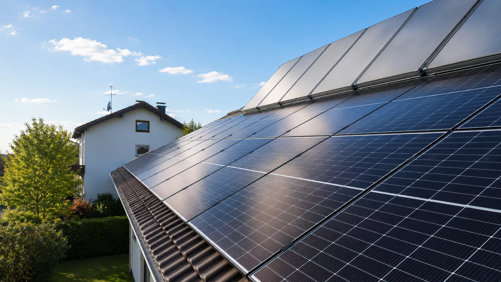Montierte Doppelglas PV-Module auf einem Dach in Tittmoning mit Hybrid-Wechselrichter, Heimspeicher und Hems im Keller.