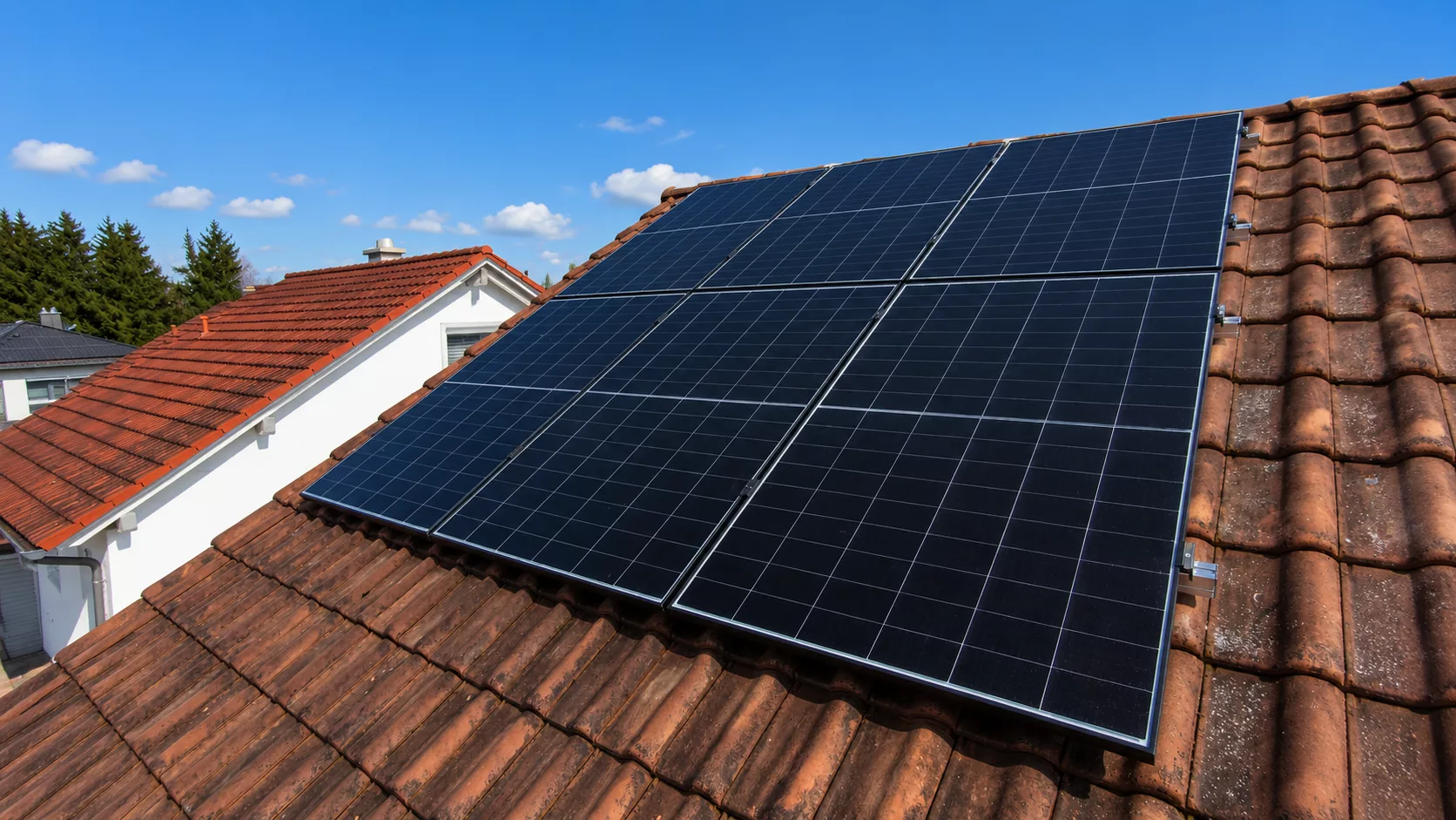 Montierte Doppelglas PV-Module auf einem Dach in Traunstein mit Hybrid-Wechselrichter, Heimspeicher und Hems im Keller.