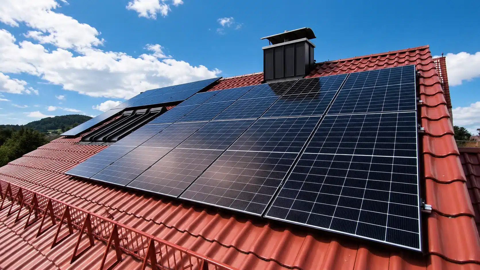 Montierte Doppelglas PV-Module auf einem Dach in Zusmarshausen mit Hybrid-Wechselrichter, Heimspeicher und Hems im Keller.