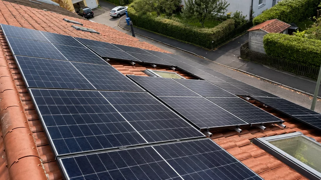 Montierte Doppelglas PV-Module auf einem Dach in Friedberg mit Hybrid-Wechselrichter, Heimspeicher und Hems im Keller.