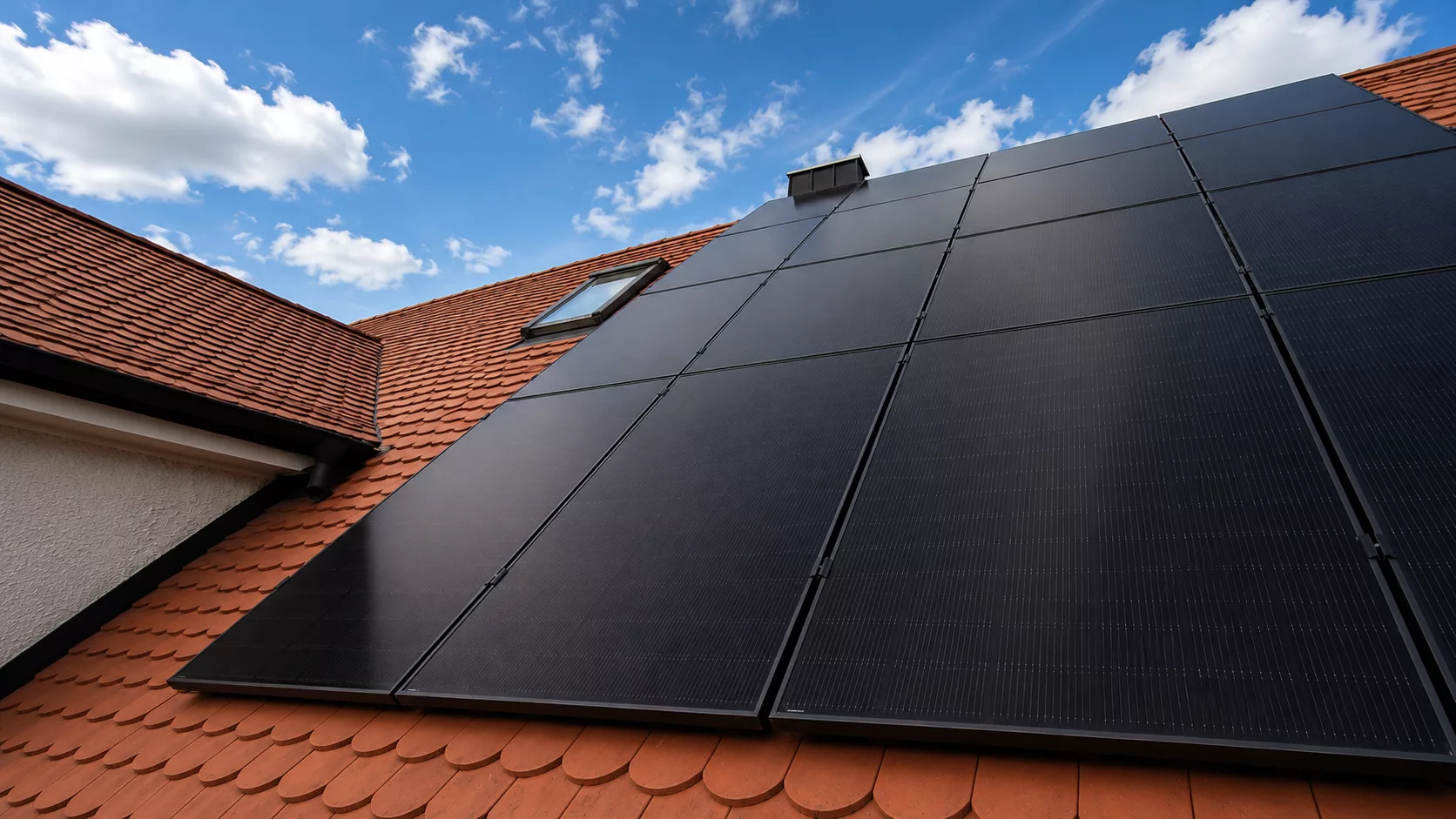 Montierte Doppelglas PV-Module auf einem Dach in Beilngries mit Hybrid-Wechselrichter, Heimspeicher, Wärmepumpenansteuerung und Hems im Keller.