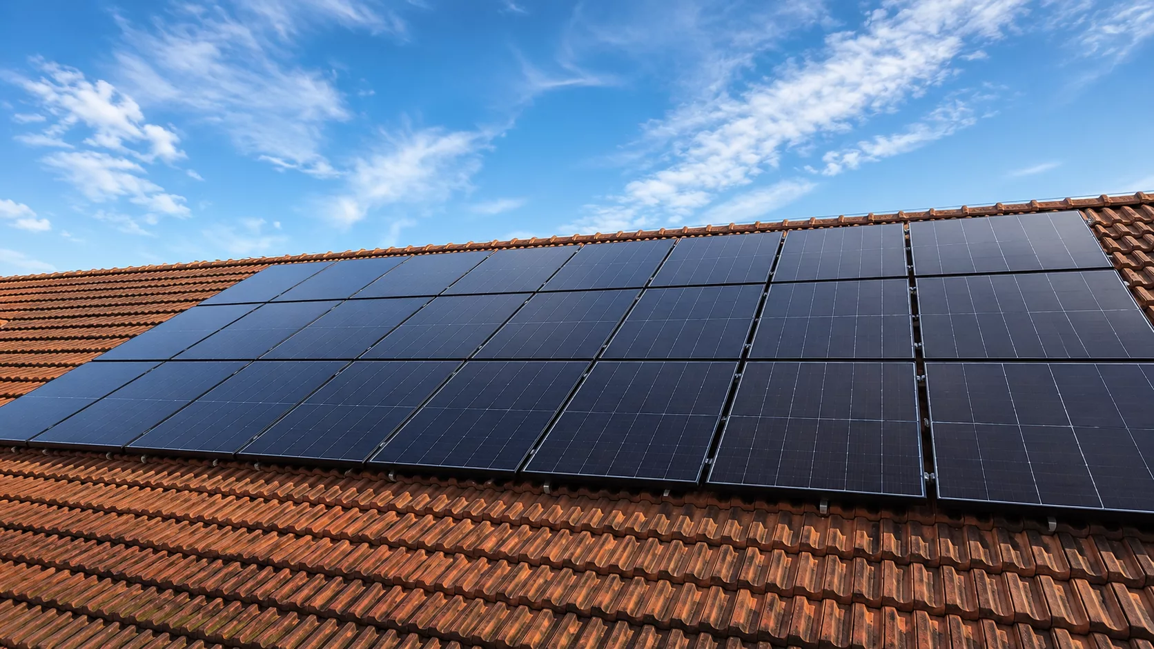 Montierte Doppelglas PV-Module auf einem Dach in Sulbach-Rosenberg mit Hybrid-Wechselrichter, Heimspeicher und Hems im Keller als auch Wallbox in der Garage.