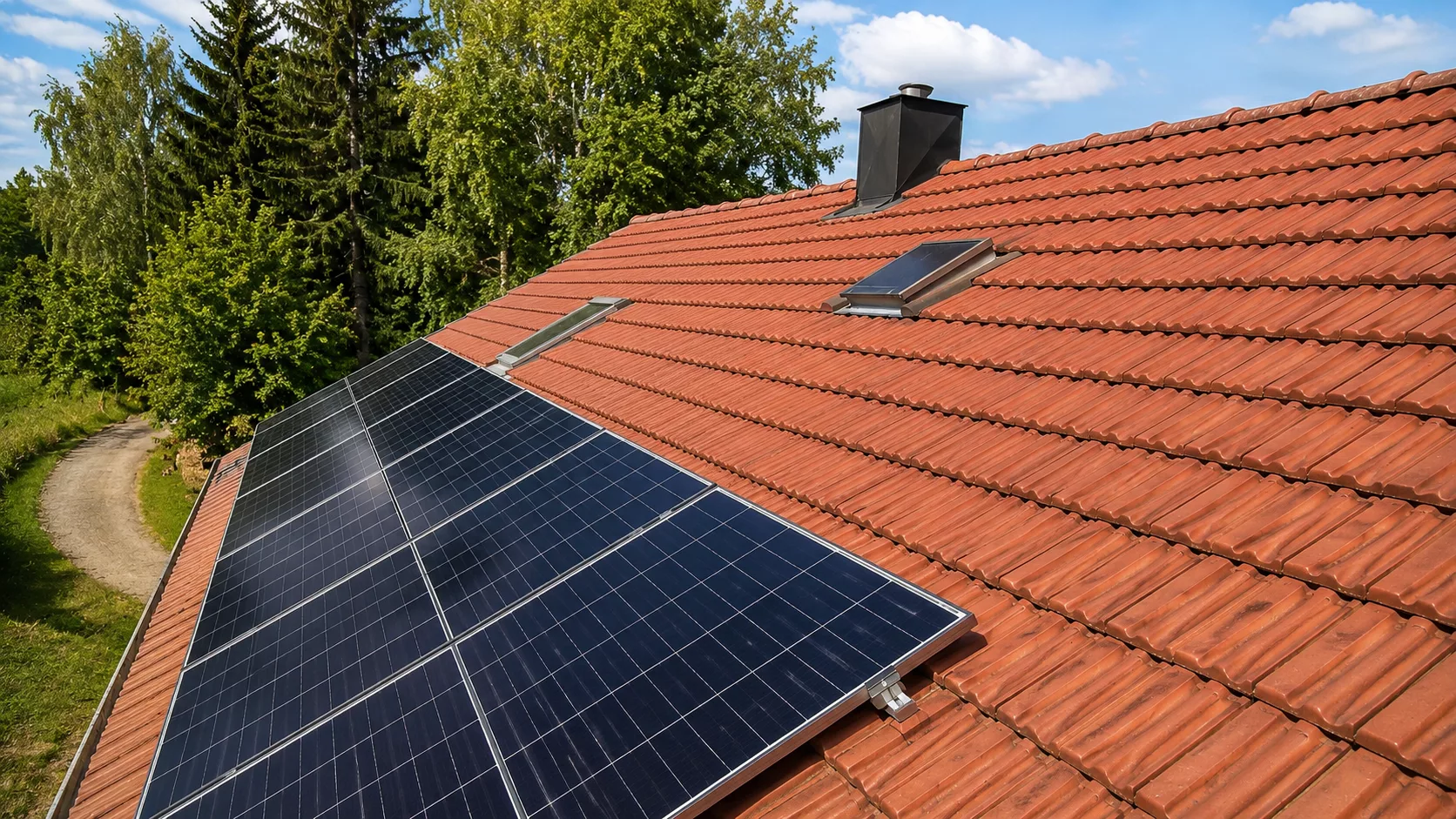 Montierte Doppelglas PV-Module auf einem Dach in Bockhorn mit Hybrid-Wechselrichter, Heimspeicher und Hems im Keller.