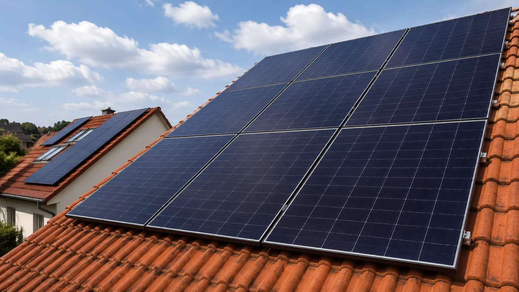 Montierte Doppelglas PV-Module auf einem Dach in Buckenhof mit Hybrid-Wechselrichter, Heimspeicher, Heizstabansteuerung und Hems im Keller als auch Wallbox in der Garage.
