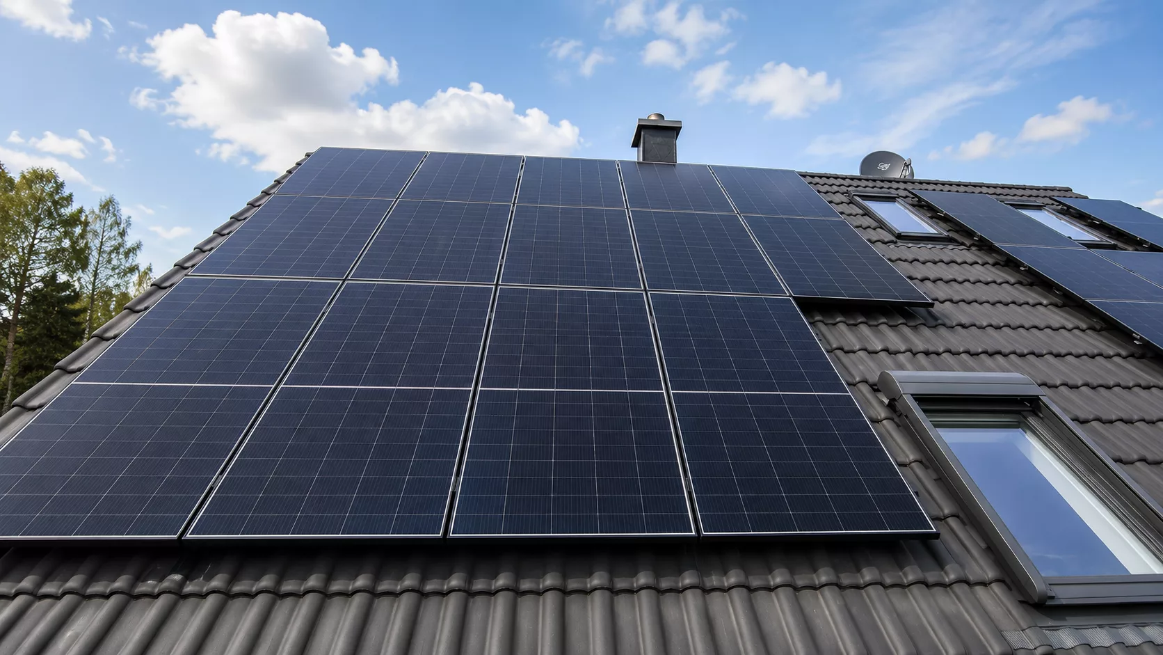Montierte Doppelglas PV-Module auf einem Dach in Burgthann mit Hybrid-Wechselrichter, Heimspeicher und Hems im Keller als auch Wallbox in der Garage.
