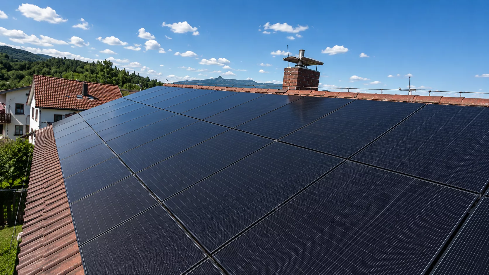 Montierte Doppelglas PV-Module auf einem Dach in Deggendorf mit Hybrid-Wechselrichter, Heimspeicher und Hems im Keller.