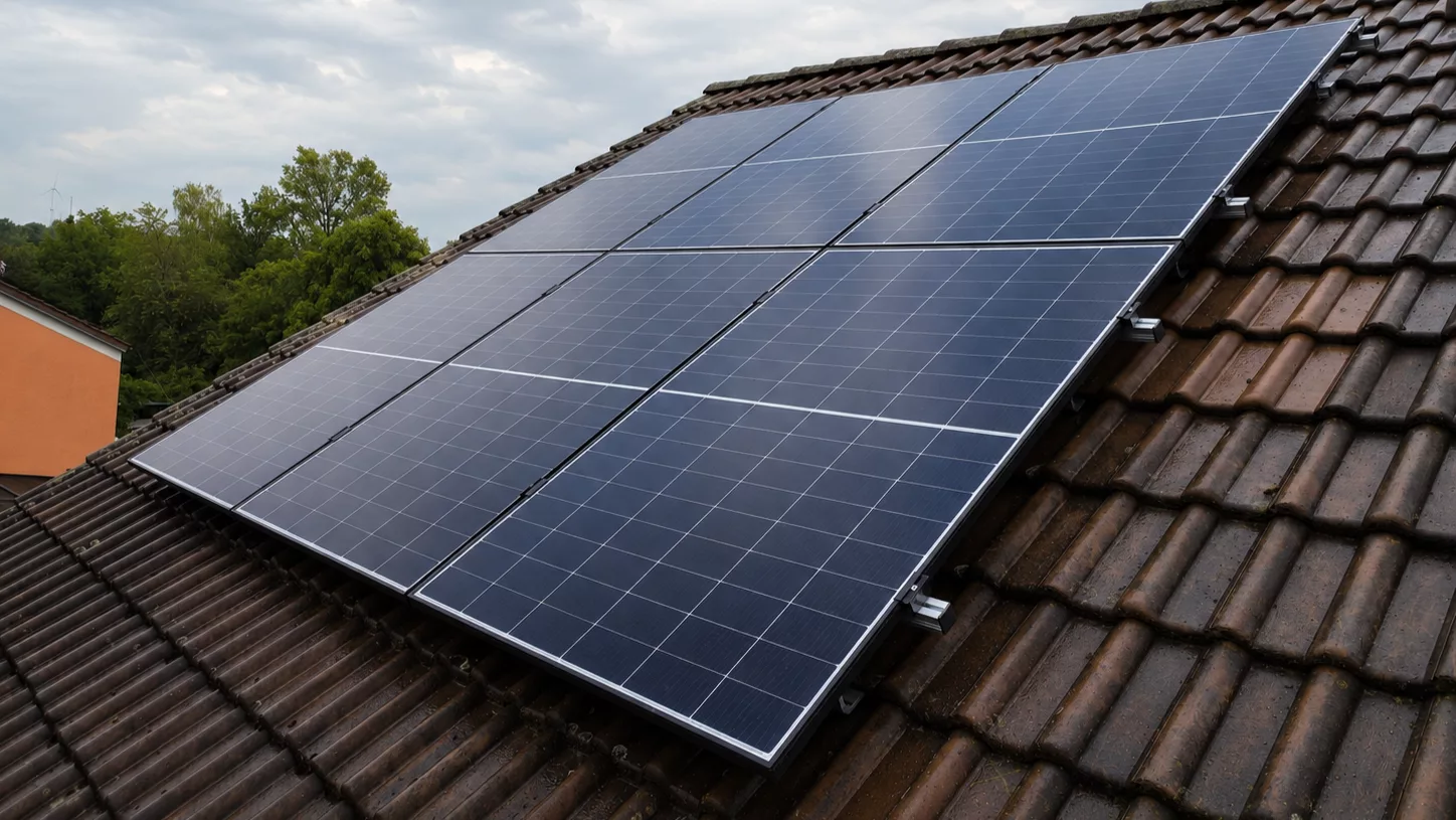 Montierte Doppelglas PV-Module auf einem Dach in Dietenheim mit Hybrid-Wechselrichter, Heimspeicher und Hems im Keller.