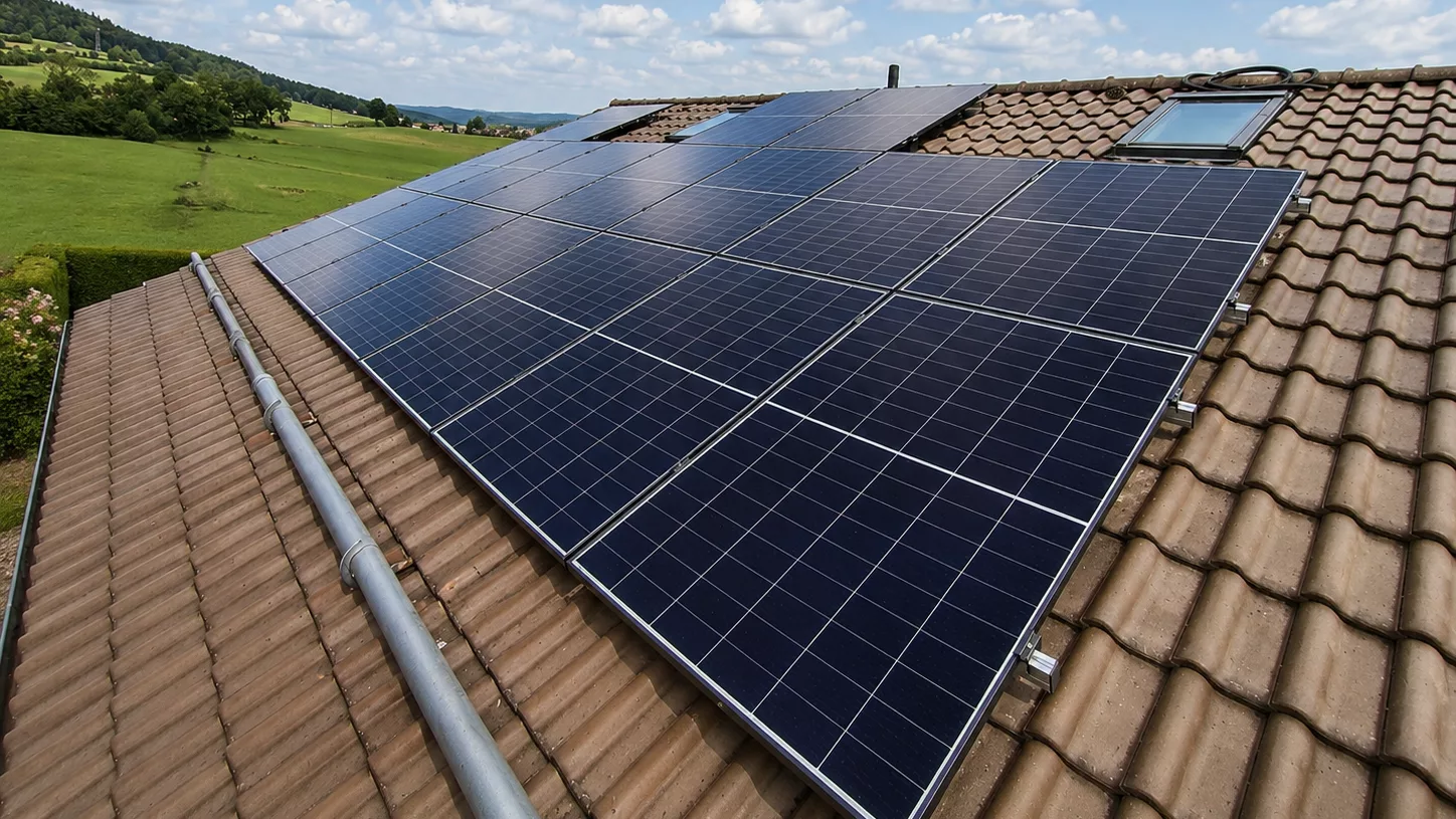 Montierte Doppelglas PV-Module auf einem Dach in Passau mit Hybrid-Wechselrichter, Heimspeicher, Ersatzstrombox und Hems im Keller.
