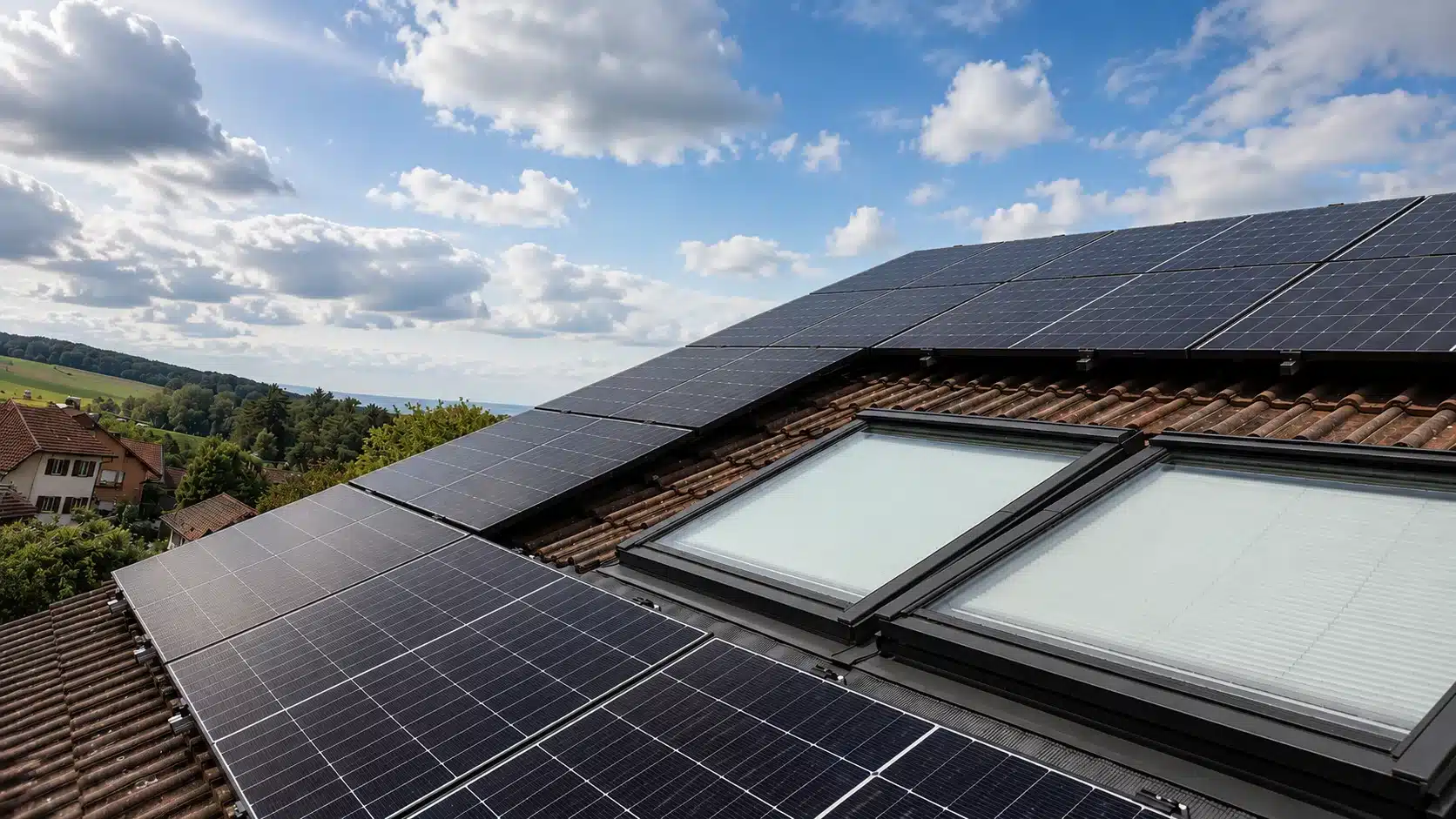 Montierte Doppelglas PV-Module auf einem Dach in Ebersberg mit Hybrid-Wechselrichter, Heimspeicher und Hems im Keller.