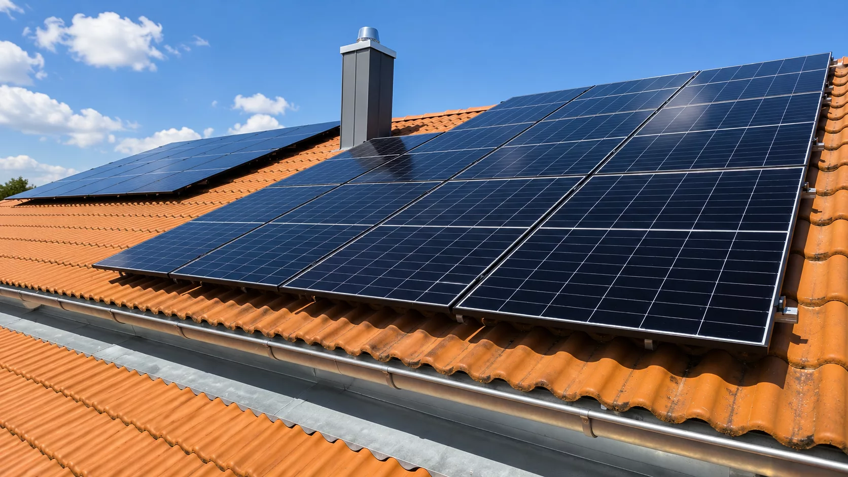 Montierte Doppelglas PV-Module auf einem Dach in Ehingen mit Hybrid-Wechselrichter, Heimspeicher, Ersatzstrombox und Hems im Keller.