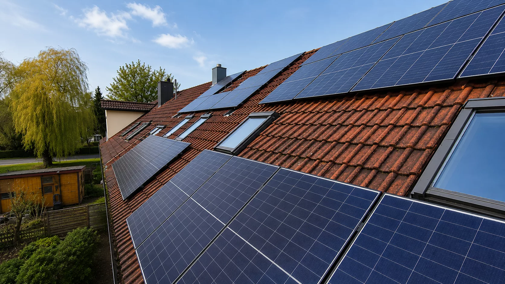 Montierte Doppelglas PV-Module auf einem Dach in Erding mit Hybrid-Wechselrichter, Heimspeicher und Hems im Keller.
