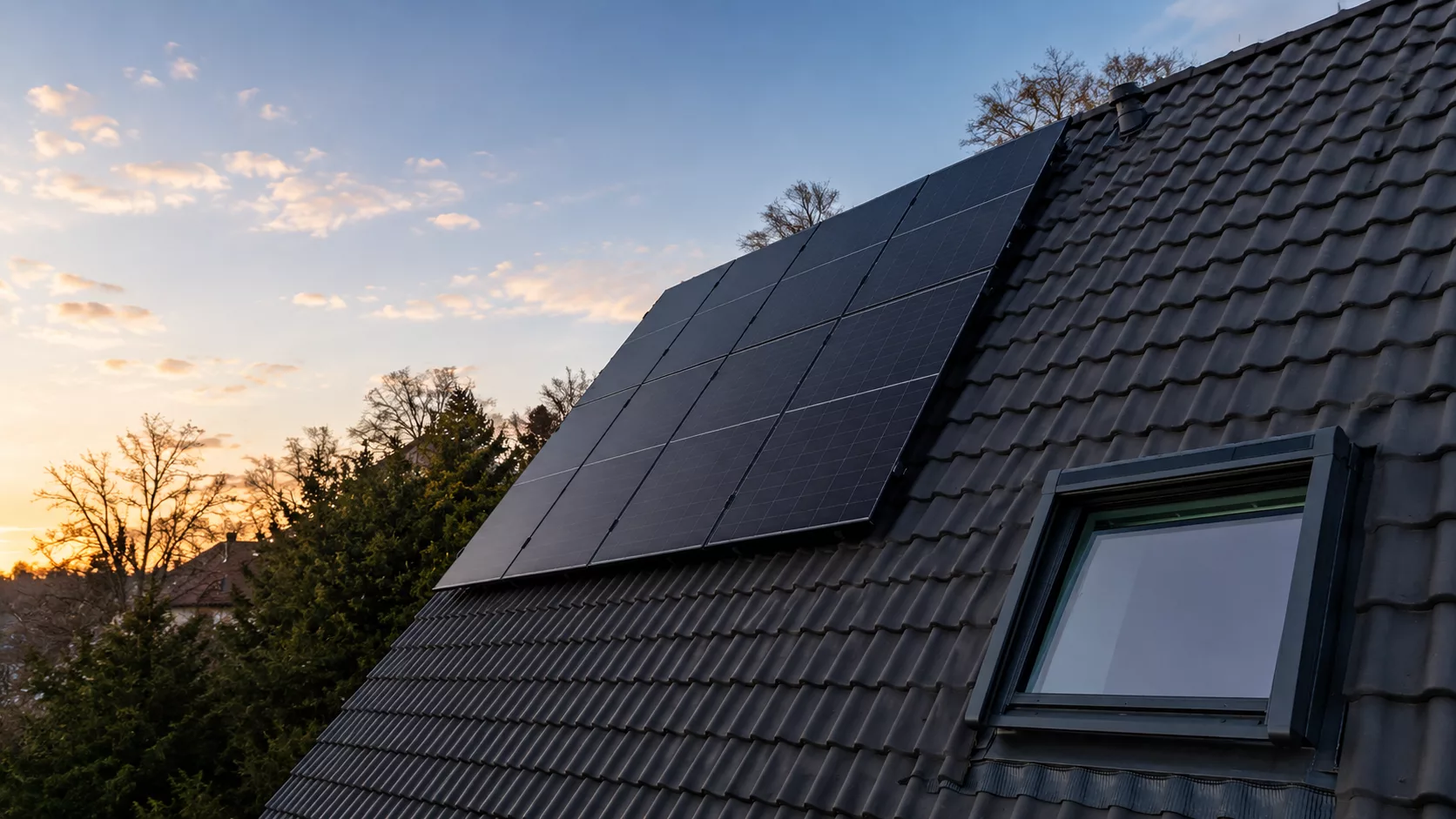 Montierte Doppelglas PV-Module auf einem Dach in Feldafing mit Hybrid-Wechselrichter, Heimspeicher und Hems im Keller.