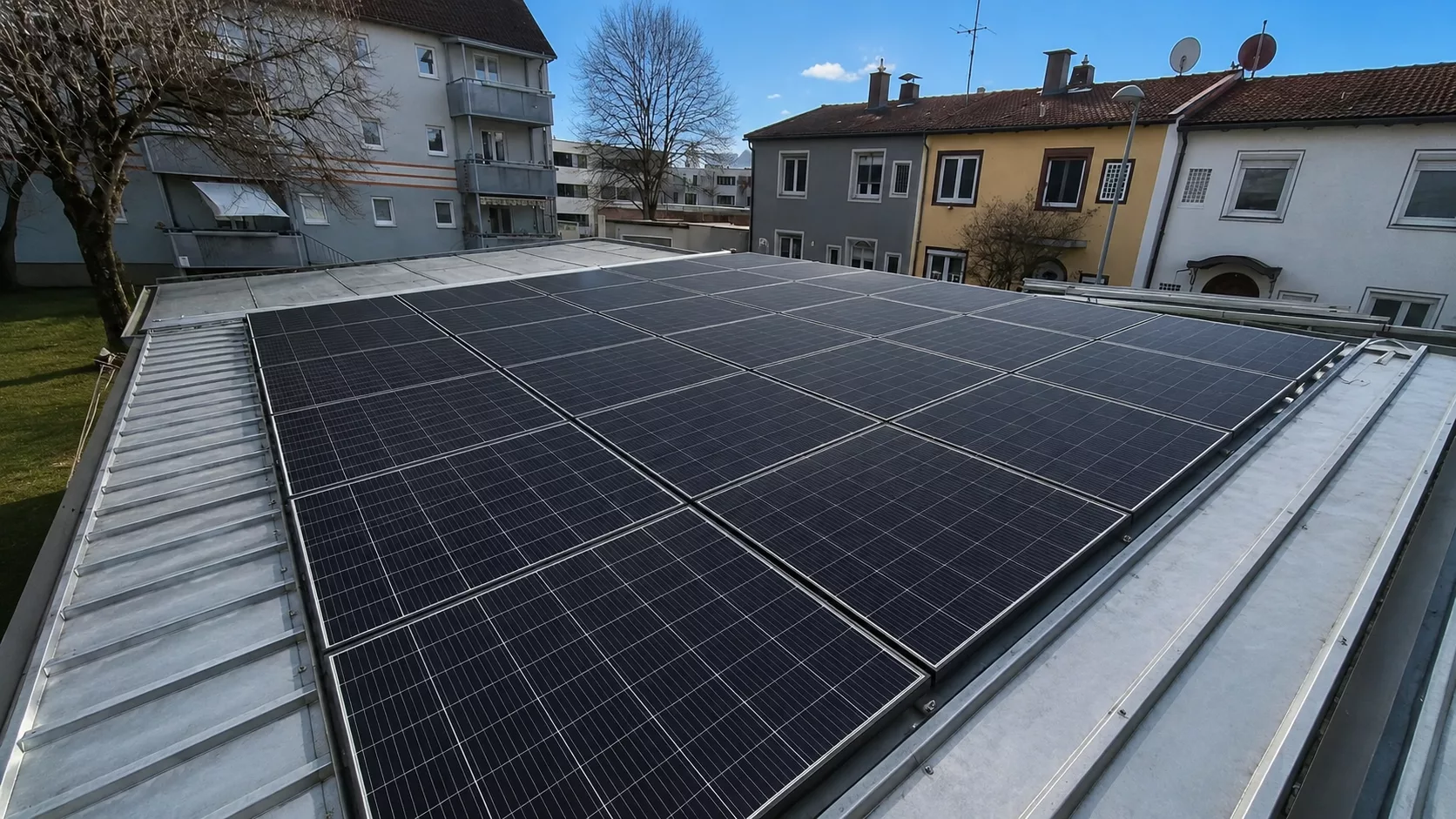Montierte Doppelglas PV-Module auf einem Dach in Fürstenfeldbruck mit Hybrid-Wechselrichter, Heimspeicher, Wärmepumpenansteuerung und Hems im Keller als auch Wallbox in der Garage.