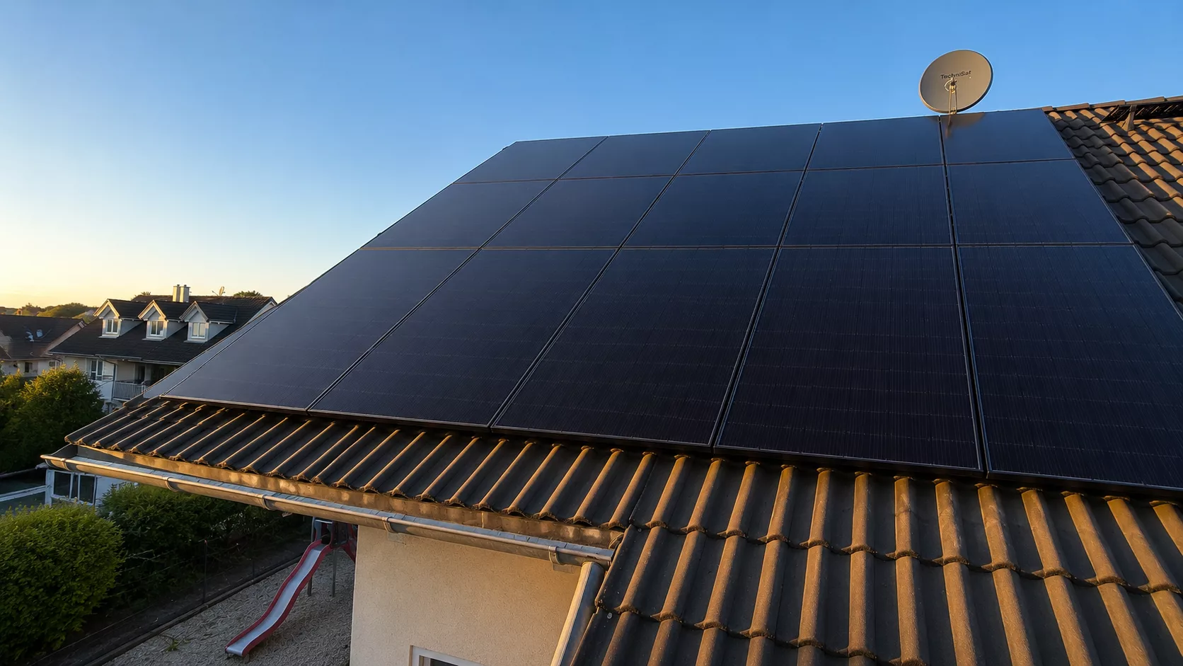 Montierte Full-Black PV-Module auf einem Dach in Germering mit Hybrid-Wechselrichter, Heimspeicher und Hems im Keller.