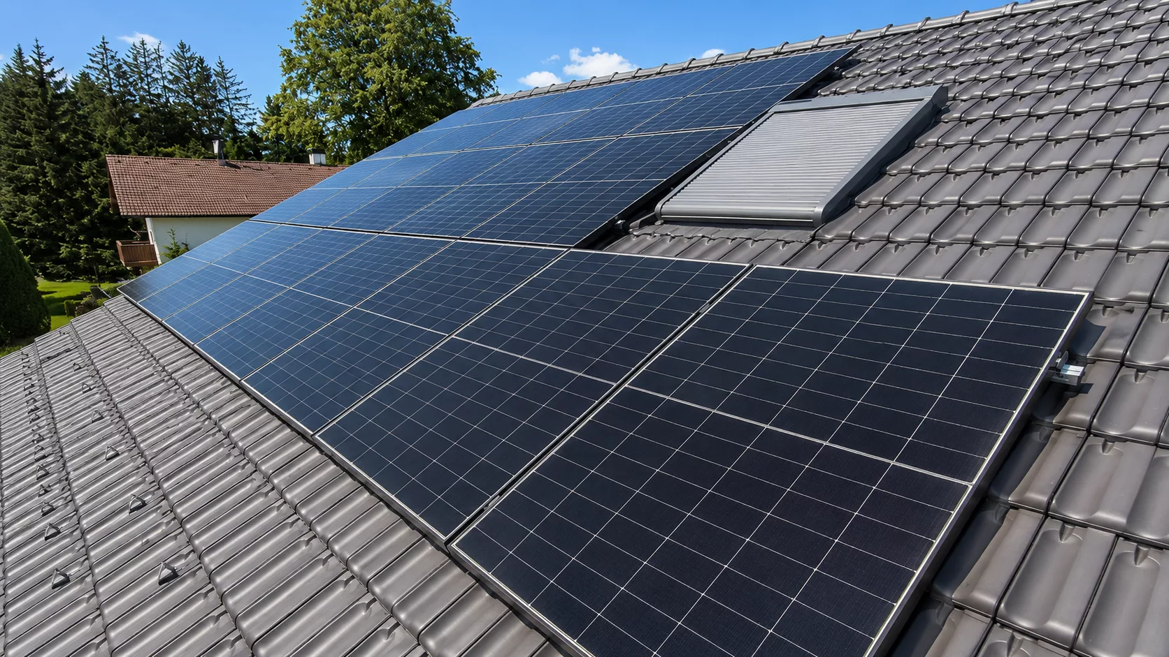 Montierte Doppelglas PV-Module auf einem Dach in Günzburg mit Hybrid-Wechselrichter, Heimspeicher und Hems im Keller.