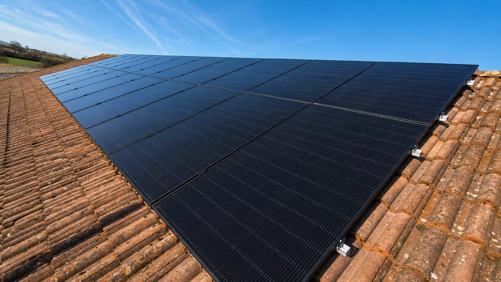 Montierte Doppelglas PV-Module auf einem Dach in Holpoltstein mit Hybrid-Wechselrichter, Heimspeicher, Ersatzstrombox und Hems im Keller.