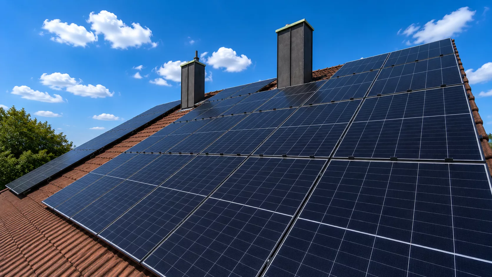 Montierte Doppelglas PV-Module auf einem Dach in Hohenkammer mit Hybrid-Wechselrichter, Heimspeicher und Hems im Keller.