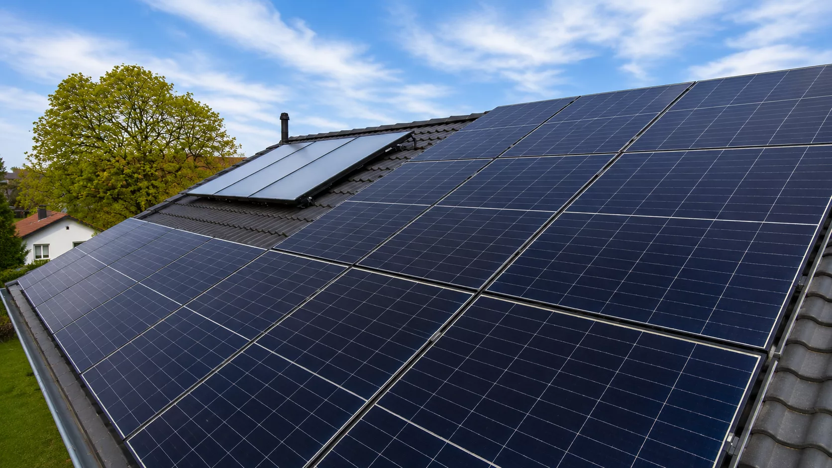 Montierte Doppelglas PV-Module auf einem Dach in Hohenwart mit Hybrid-Wechselrichter, Heimspeicher und , Ersatzstrombox und Hems im Keller als auch Wallbox in der Garage.