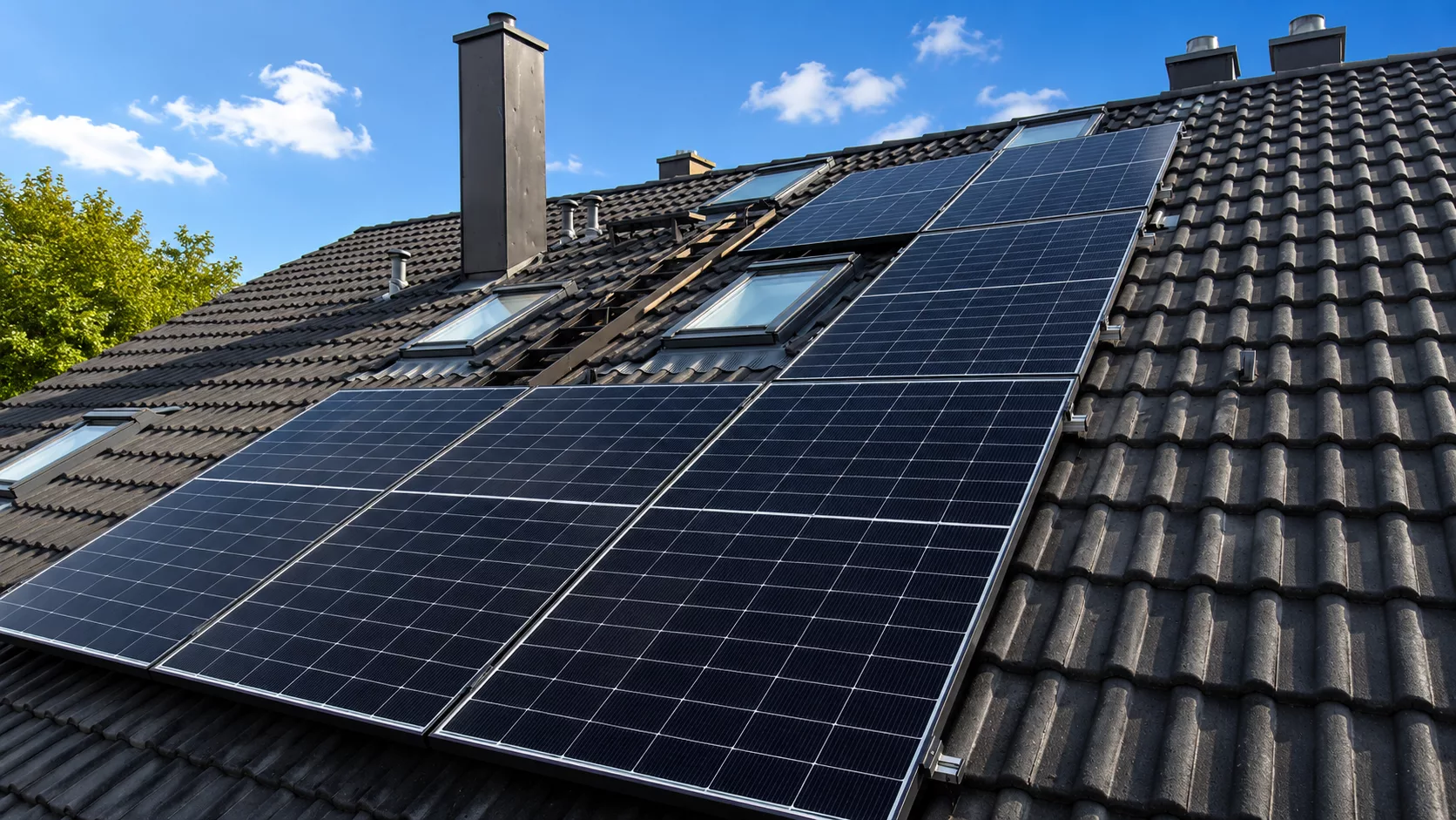 Montierte Doppelglas PV-Module auf einem Dach in Inning am Ammersee mit Hybrid-Wechselrichter, Heimspeicher und Hems im Keller.