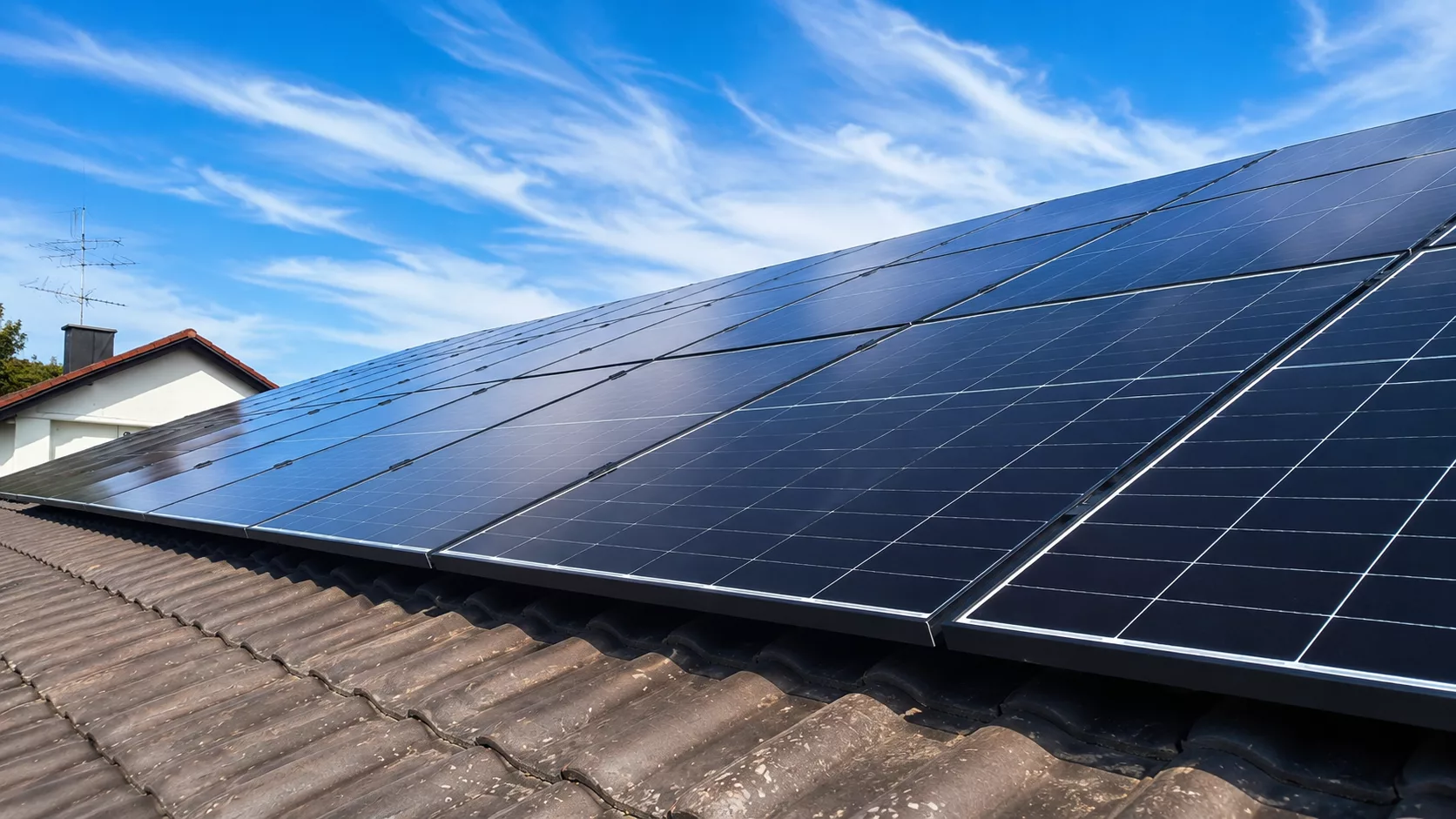 Montierte Doppelglas PV-Module auf einem Dach in Jetzendorf mit Hybrid-Wechselrichter, Heimspeicher und Hems im Keller.