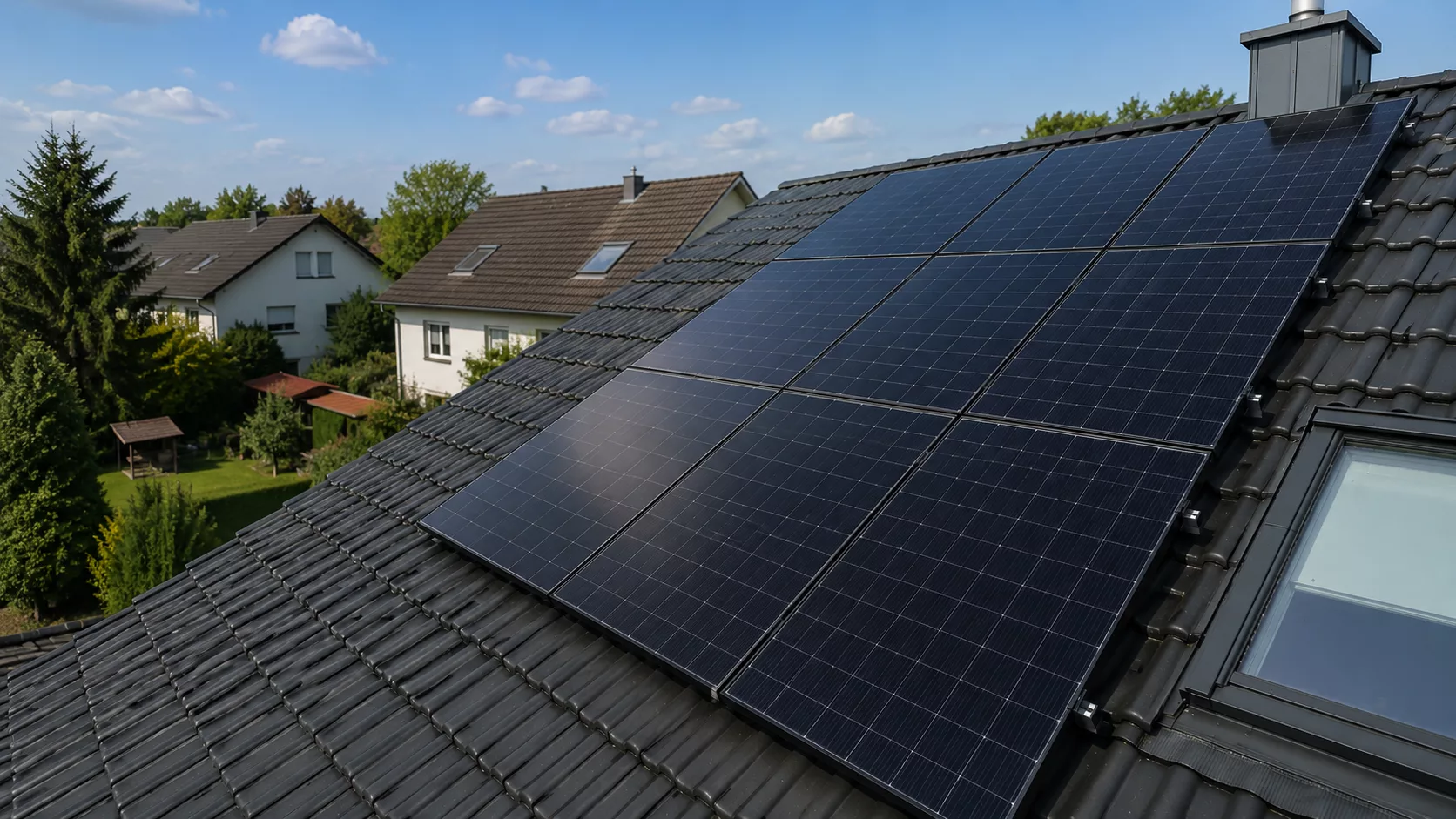 Montierte Doppelglas PV-Module auf einem Dach in Kelheim mit Hybrid-Wechselrichter, Heimspeicher und Hems im Keller.