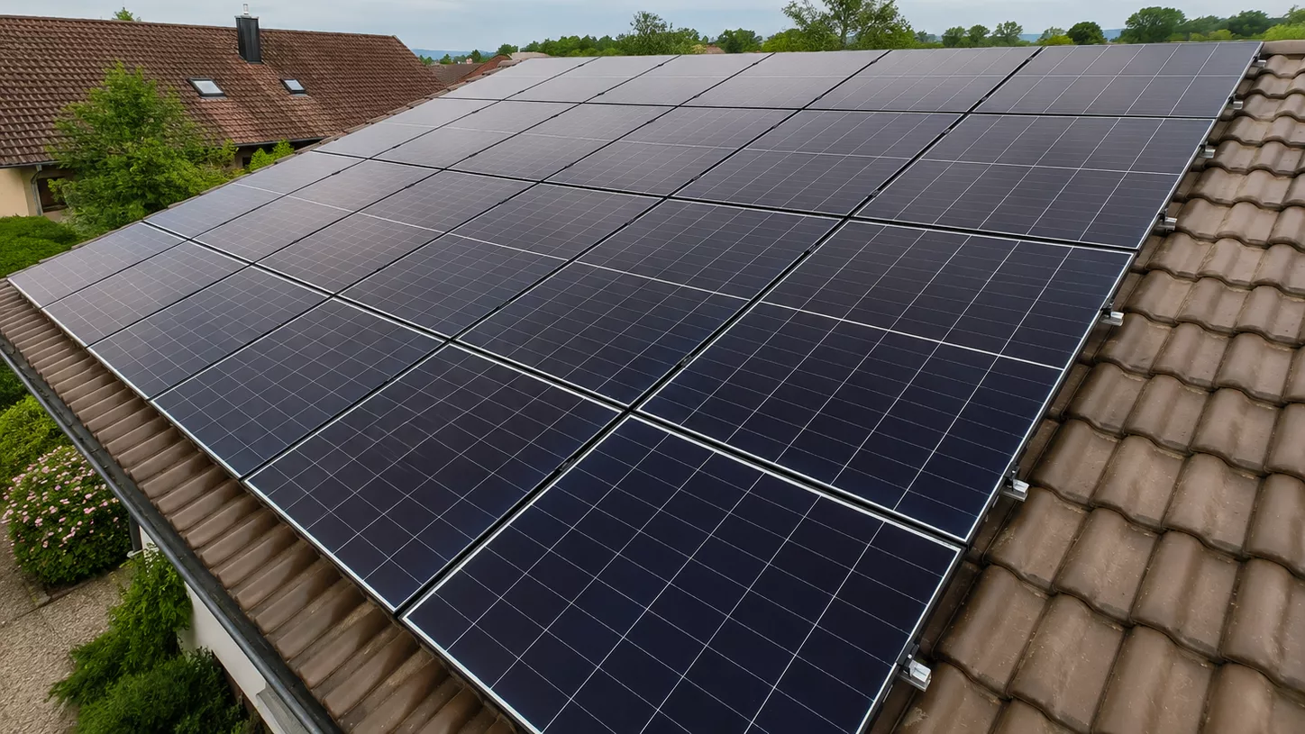 Montierte Doppelglas PV-Module auf einem Dach in Passau mit Hybrid-Wechselrichter, Heimspeicher, Ersatzstrombox und Hems im Keller.