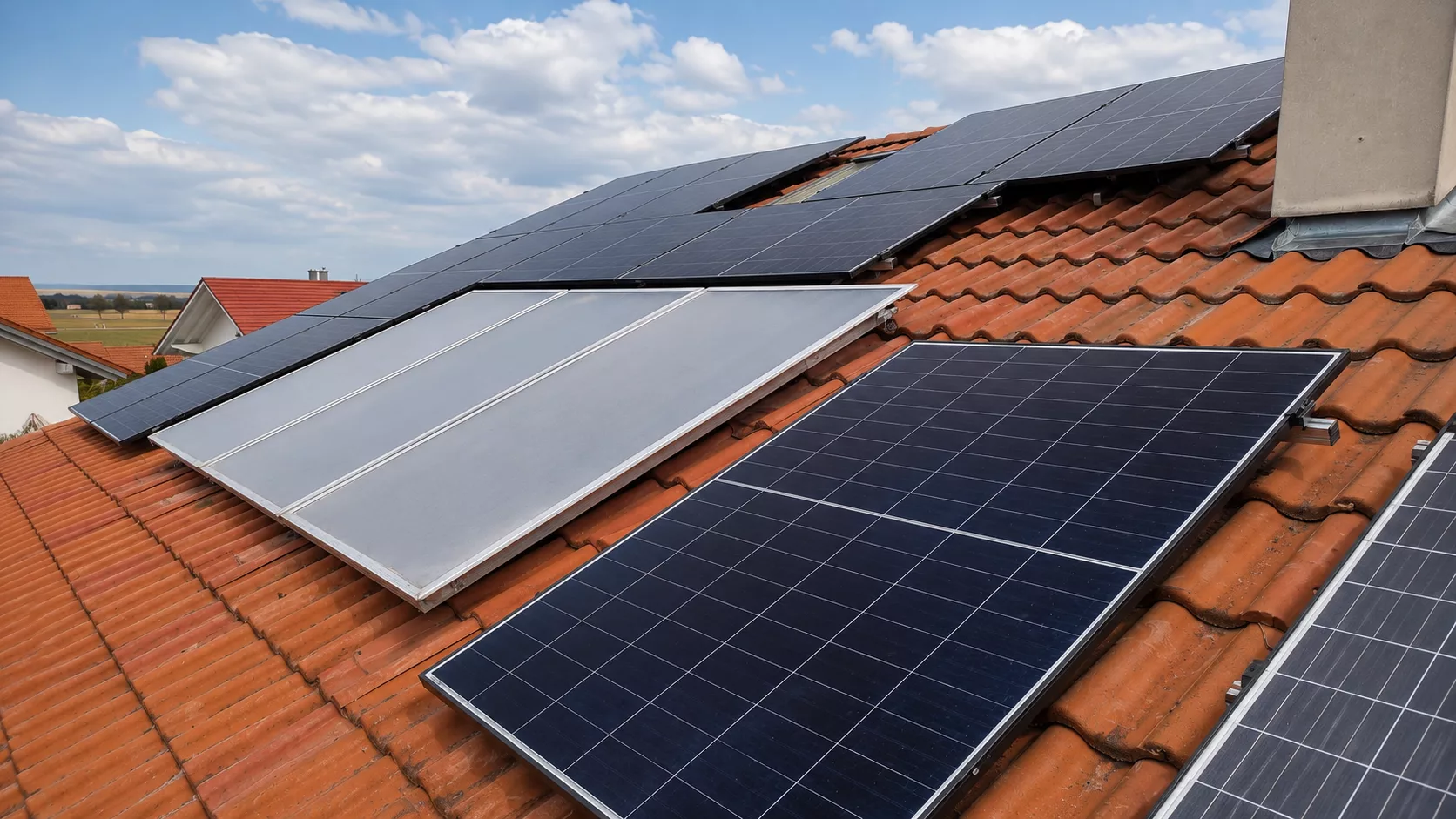 Montierte Doppelglas PV-Module auf einem Dach in Holzkirchen mit Hybrid-Wechselrichter, Heimspeicher, Ersatzstrombox und Hems im Keller.
