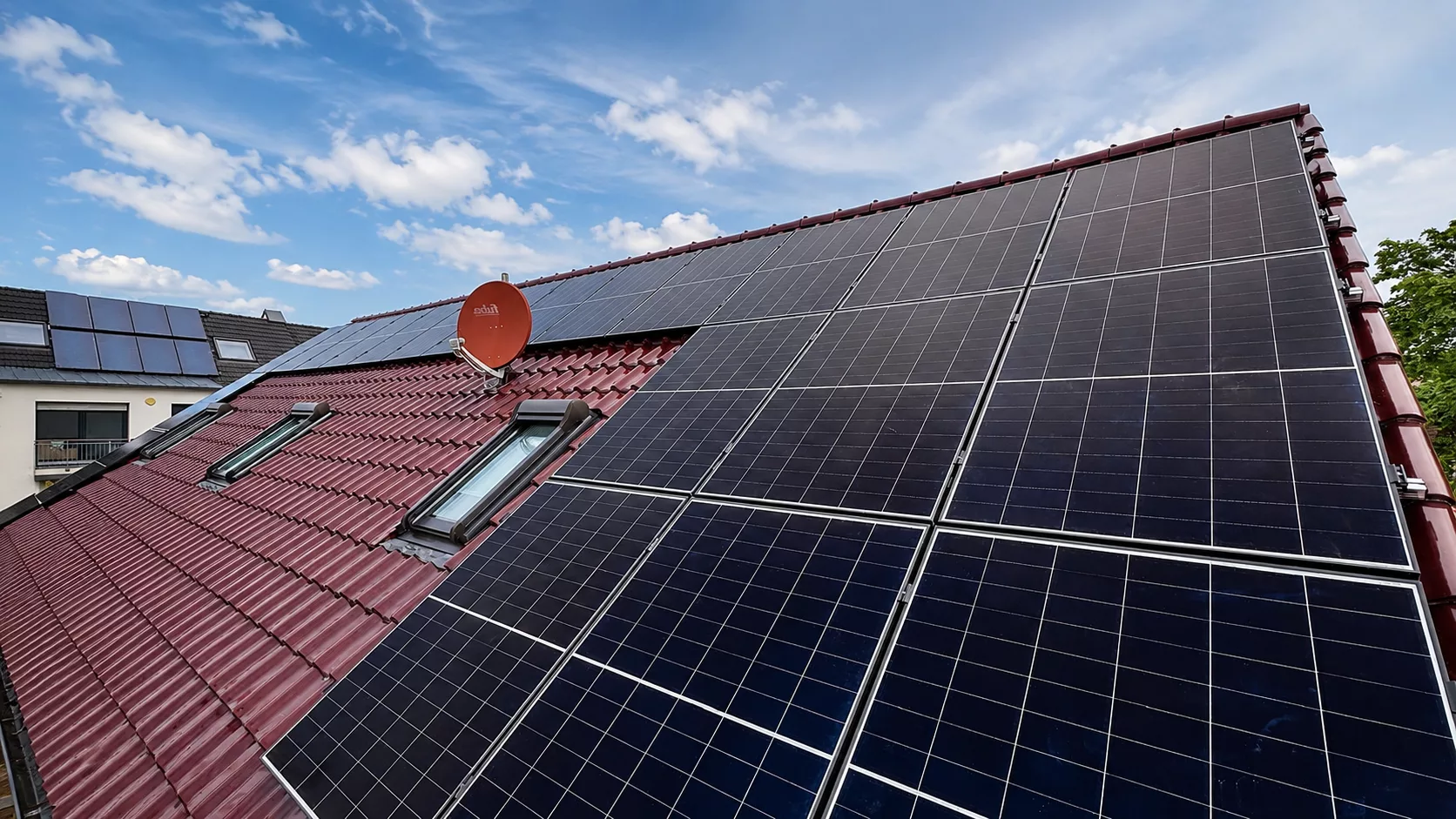 Montierte Doppelglas PV-Module auf einem Dach in Langenzenn mit Hybrid-Wechselrichter, Heimspeicher, Hems und Wäremepumpenansteuerung im Keller.