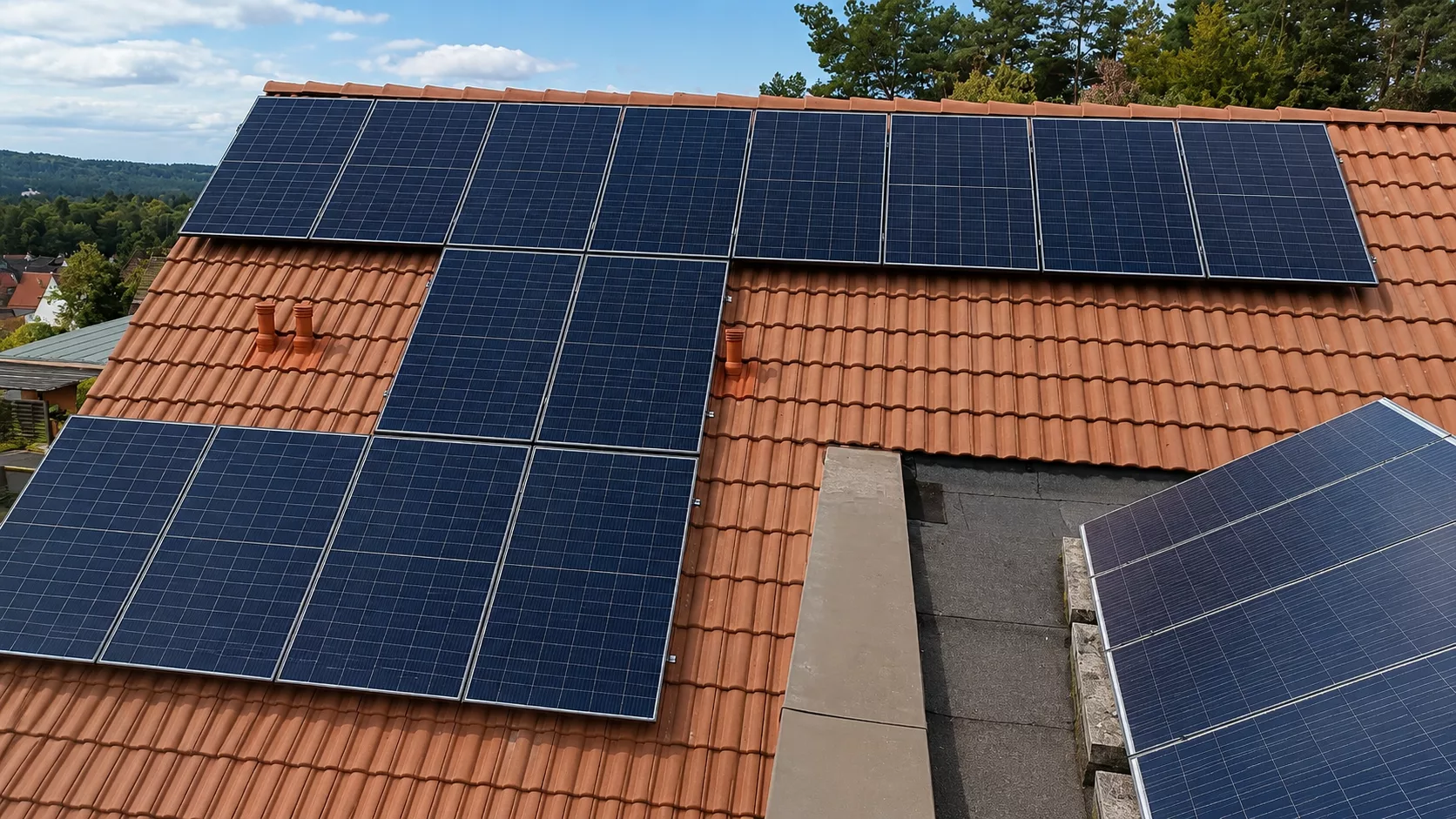 Montierte Doppelglas PV-Module auf einem Dach in Lauf an der Pegnitz mit Hybrid-Wechselrichter, Heimspeicher Wärmepumpenansteuerung, Ersatzstrombox und Hems im Keller.