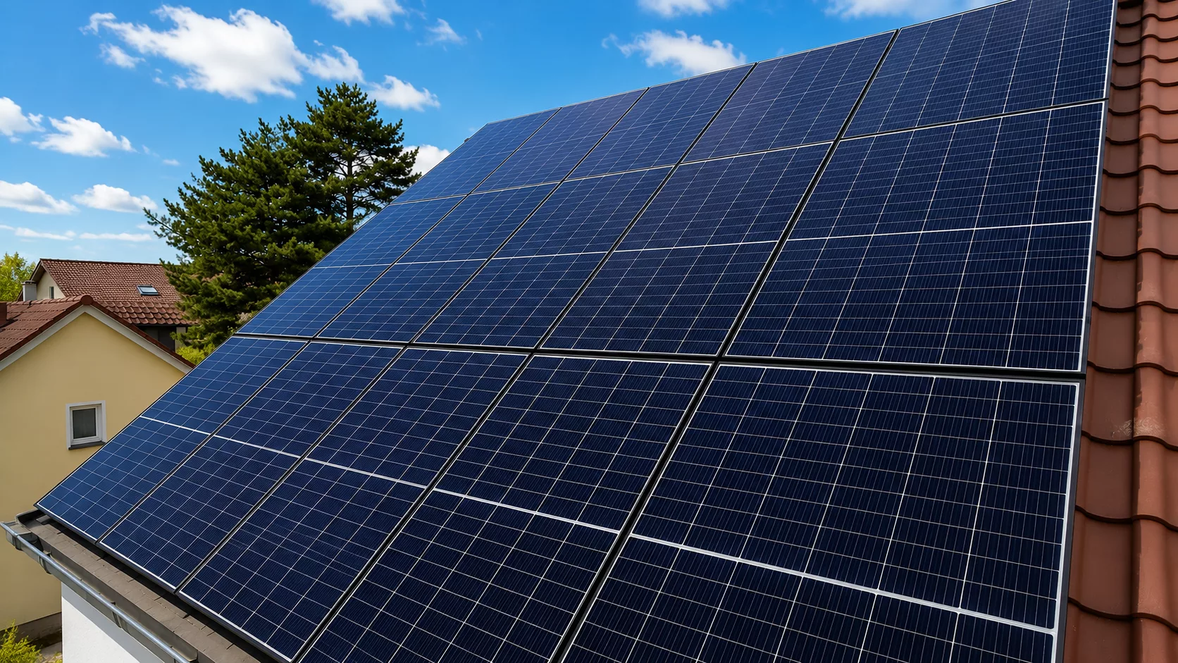 Montierte Doppelglas PV-Module auf einem Dach in Maisach mit Hybrid-Wechselrichter, Heimspeicher, Ersatzstrombox und Hems im Keller.