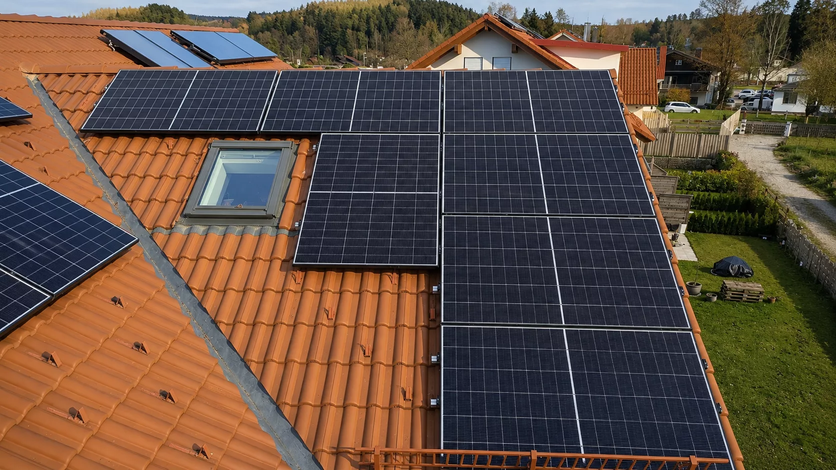 Montierte Doppelglas PV-Module auf einem Dach in Miesbach mit Hybrid-Wechselrichter, Heimspeicher und Hems im Keller.