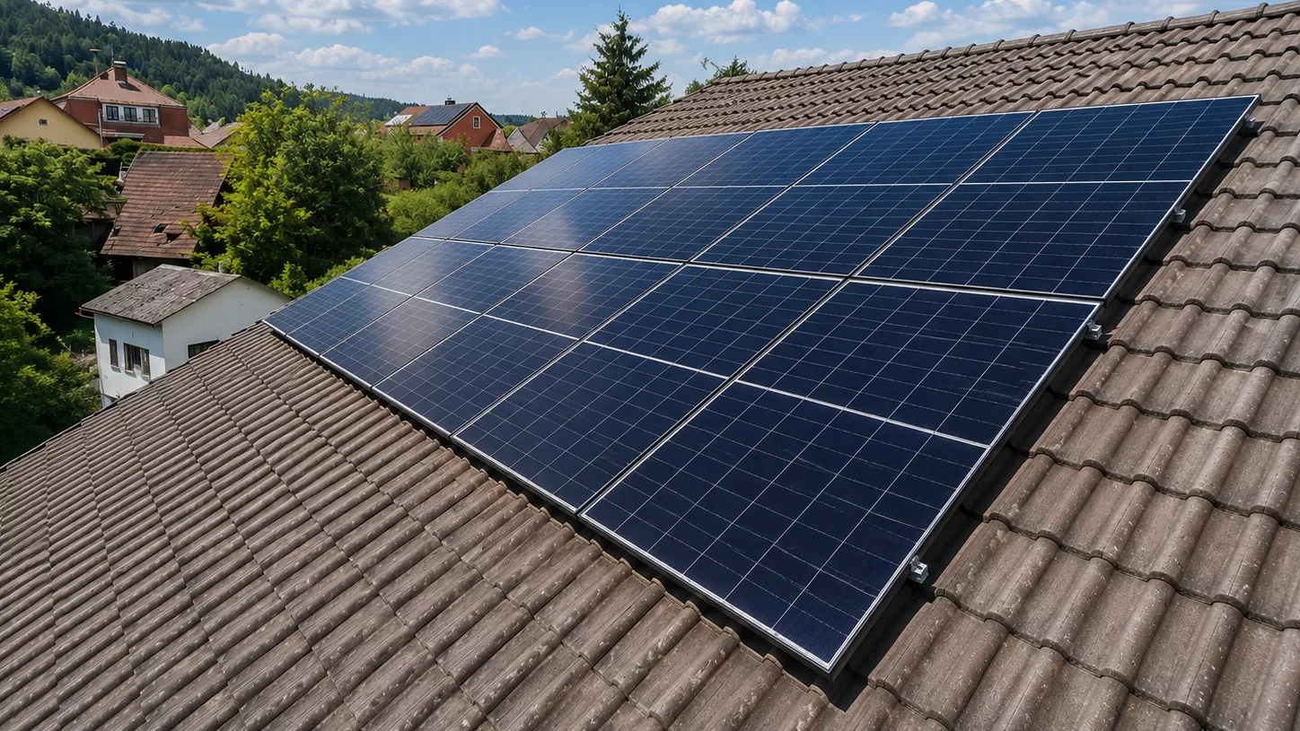 Montierte Doppelglas PV-Module auf einem Dach in Passau mit Hybrid-Wechselrichter, Heimspeicher, Ersatzstrombox und Hems im Keller.