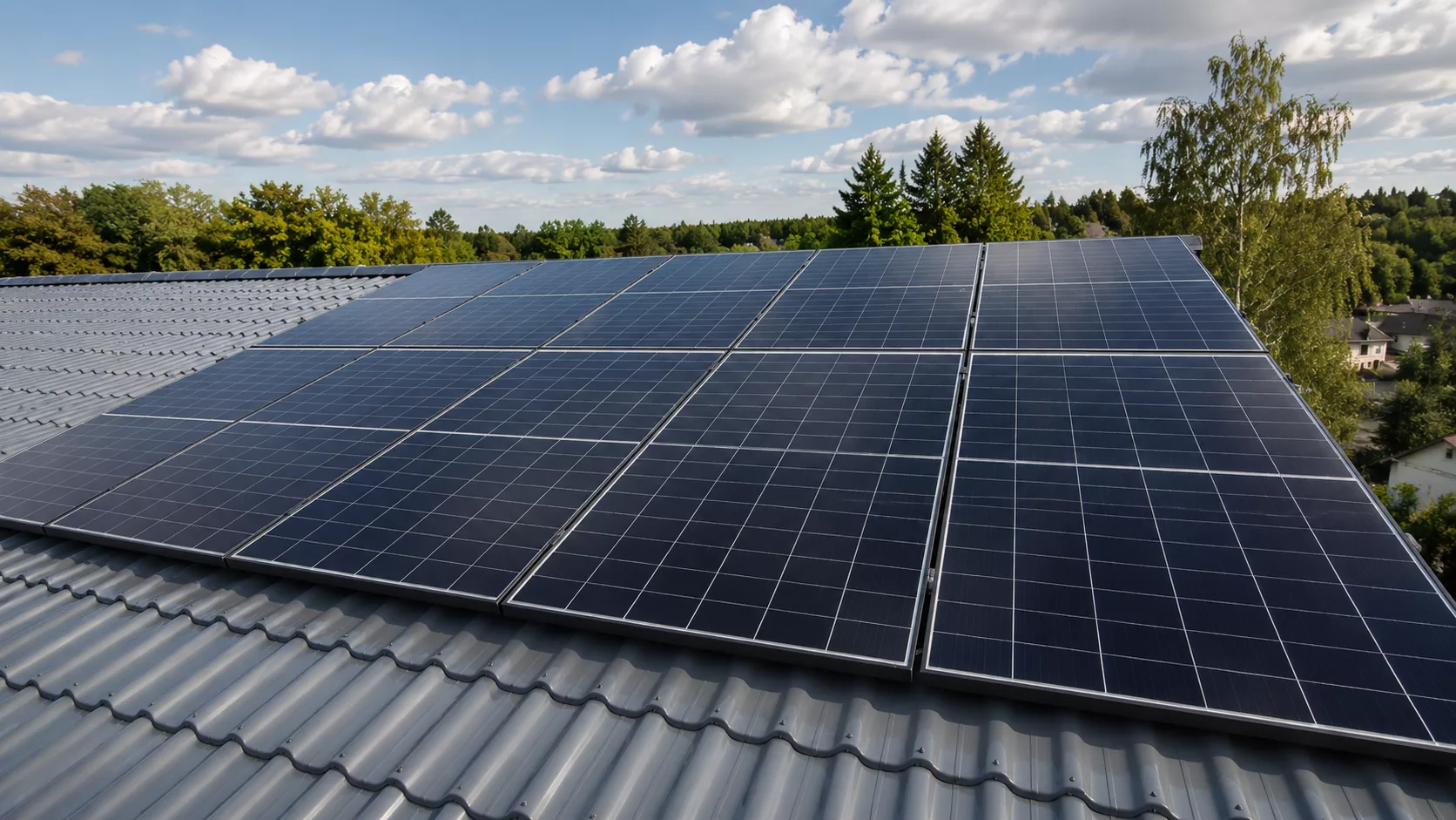 Montierte Doppelglas PV-Module auf einem Dach in Möhrendorf mit Hybrid-Wechselrichter, Heimspeicher, Wärmepumpenansteuerung und Hems im Keller.