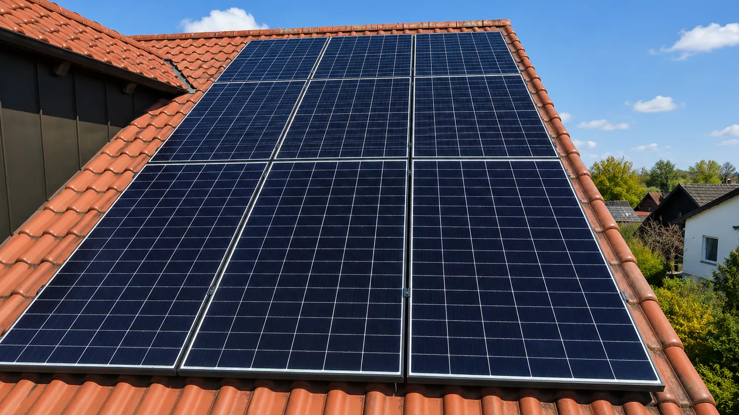 Montierte Doppelglas PV-Module auf einem Dach in Moosinning mit Hybrid-Wechselrichter, Heimspeicher und Hems im Keller.